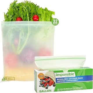 Responsible Products Certified Compostable Large GALLON Resealable Zip Bag, Extra Strength Food Bags, Made from Plant Materials (32 Pack)