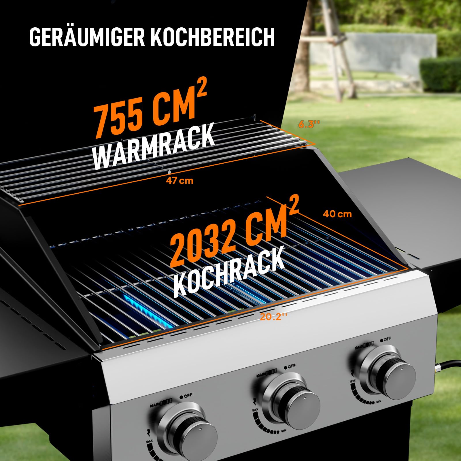 ROVSUN Gasgrill Camping mit 3 Brennern, Camping Gasgrill 10,5 kW, Grillwagen mit Deckel & 2 Seitenablagen, Gas Grill (3 Brennner, 117x40x140 cm)