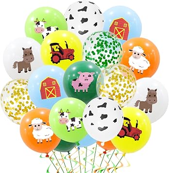 Farm Party Decorations - 48 Animal Themed Latex Balloons Cow, Tractor, Sheep, House, Pig, Donkey for Kids Birthday Party Supplies
