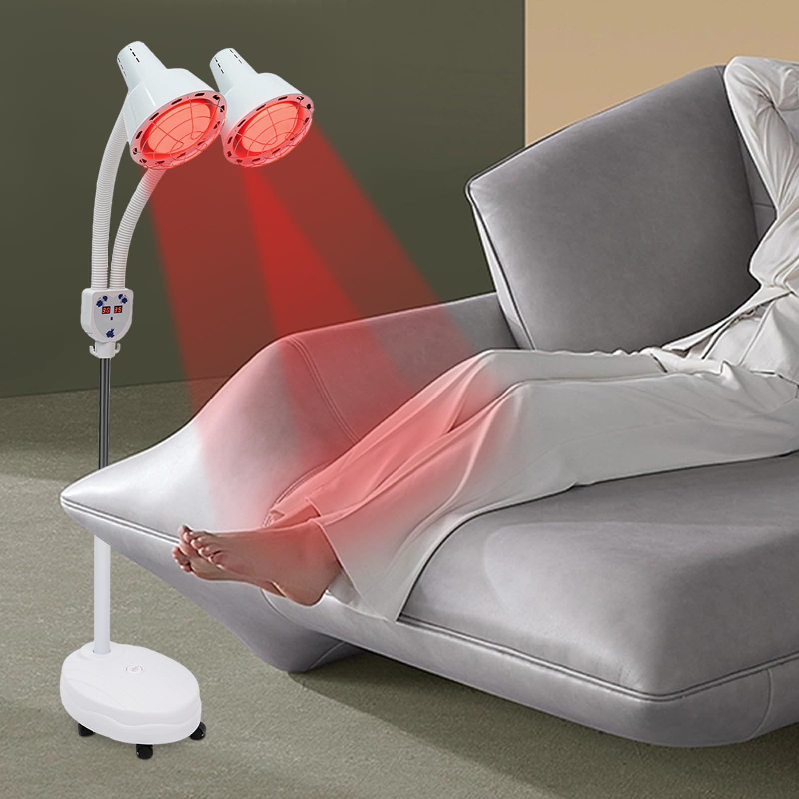 Czerwona lampa z podwójną głowicą, lampa 360°, regulowana lampa grzewcza do fizjoterapii, napięcie mięśni z kółkami i pilotem zdalnego sterowania