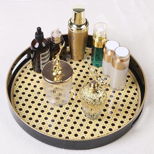 Miniatura 5 de Zosenley Bandeja decorativa redonda, bandeja de plástico marmoleado con asas, moderna bandeja de tocador y bandeja para servir otomana, mesa