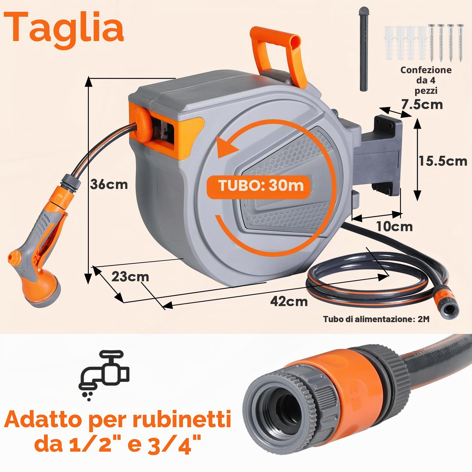 TLGREEN Avvolgitubo da Giardino Retrattile 30+2m, Girevole a 180°, con Ugello Spray 9 in 1,4PCS Chiodo, Sistema di Riavvolgimento Automatico, Blocco della Lunghezza, da Giardino Orto Pulizia Domestica