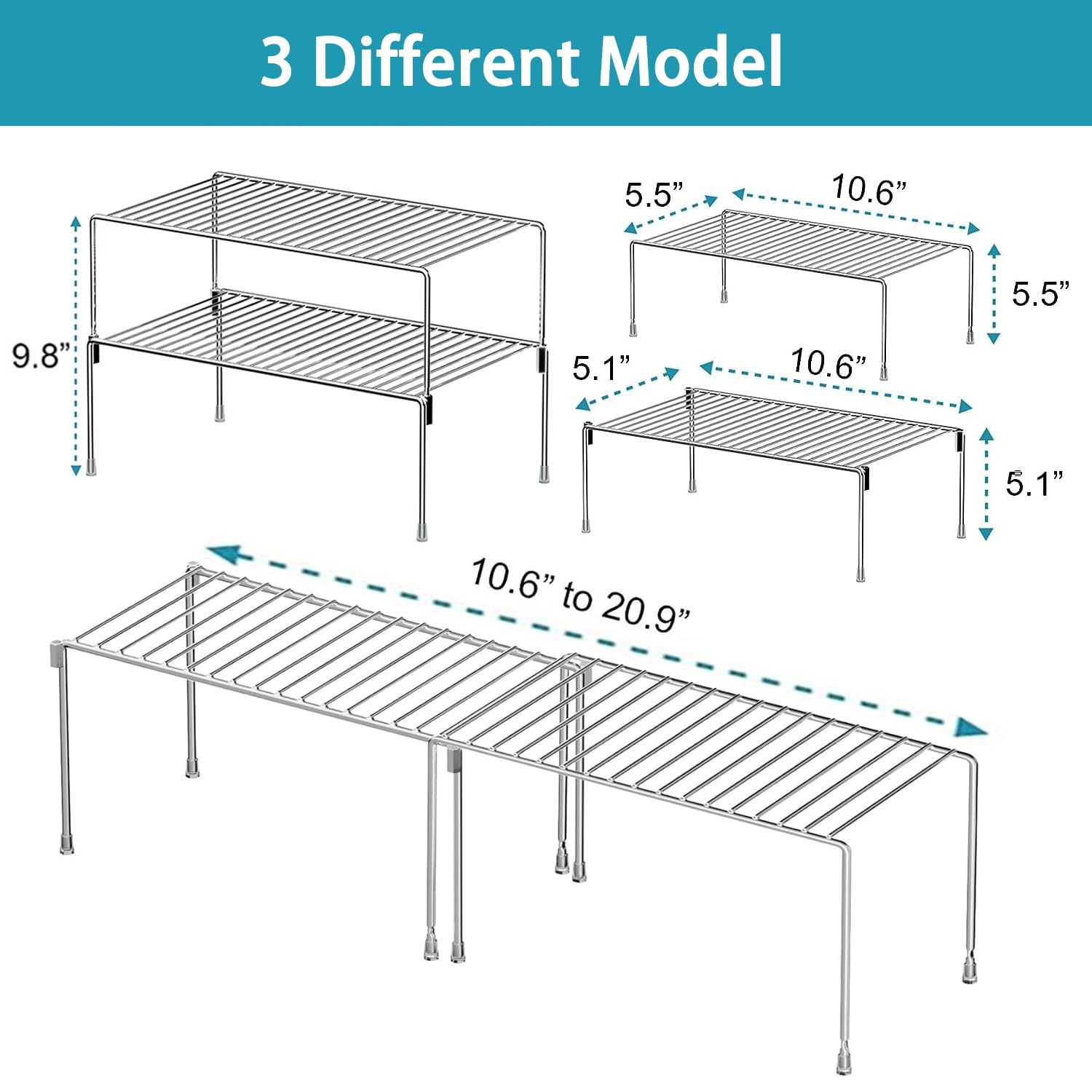 Redrubbit 4 Pack(10.6 x 5.5 Inch) Stackable Cabinet Storage Shelf Rack, Rustproof Kitchen Counter and Cabinet Shelf, Small Storage Rack Organizer for Kitchen, Fridge, Cabinet, Bathroom, Chrome