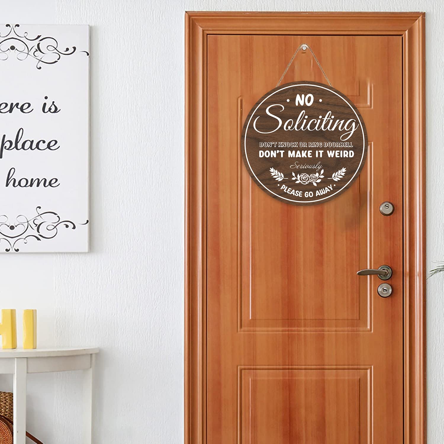 LHIUEM Vintage Red No Soliciting Sign – 11”x12” Wood Plaque, Funny Don’t Knock Door Warning For Yard Or Front Door - View #3