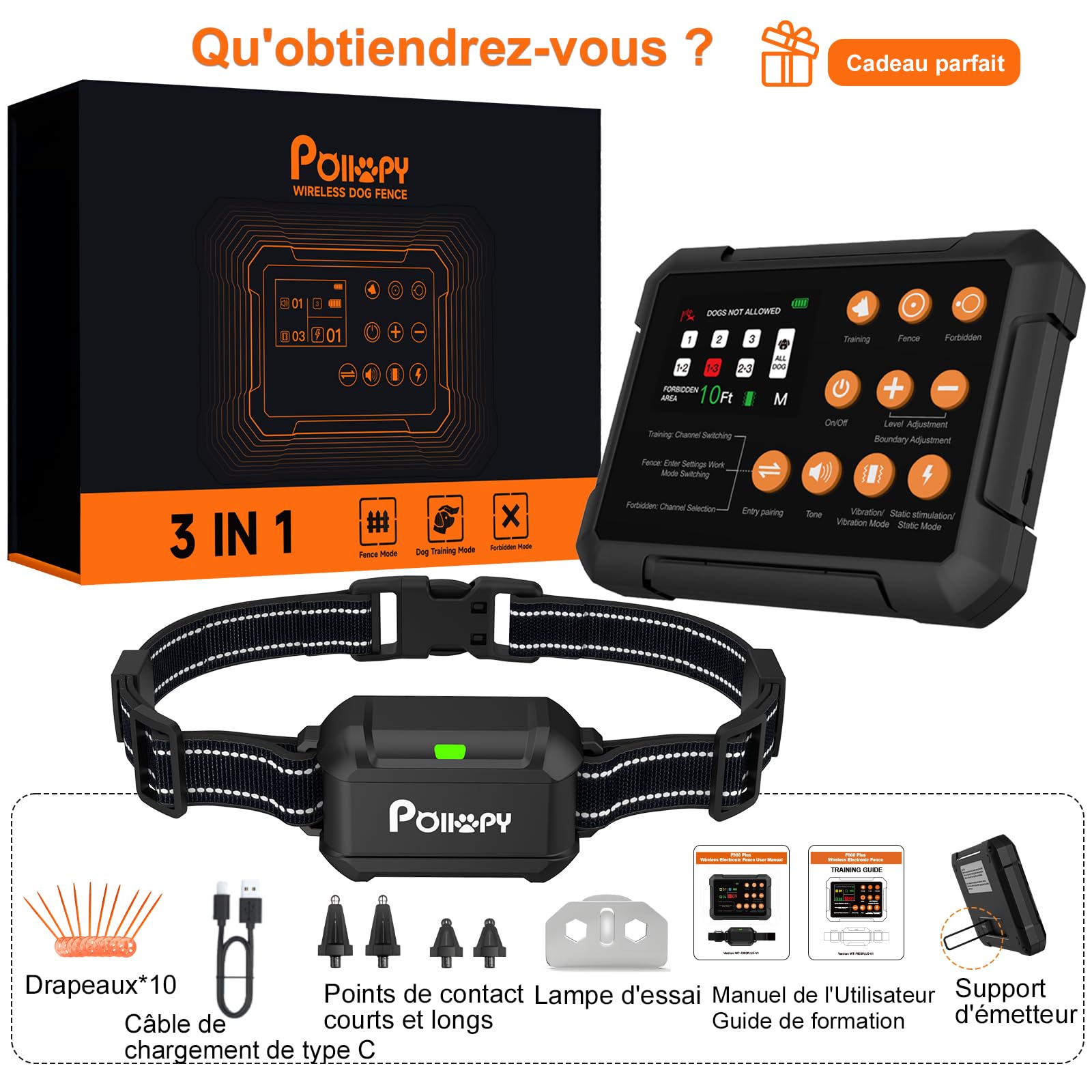 Système de Clôture Sans fil Pour Chien, 3 en 1 Clôtures Anti Fugue pour Chiens avec Zone D'entrée Interdite + Fonction Collier de Dressage pour Chien pour Intérieur et Extérieur, Invisible Portable