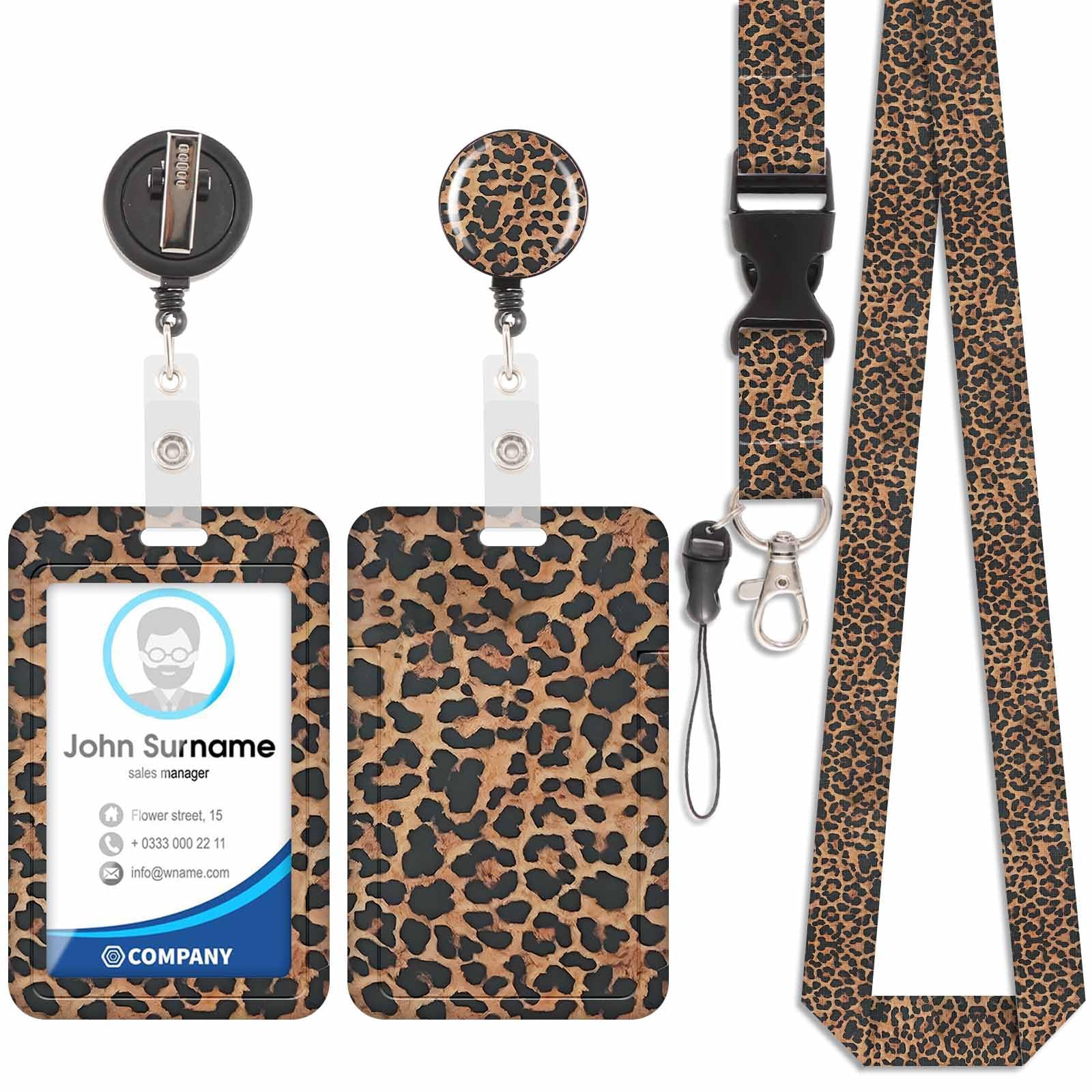 Badge Holder with Lanyard, ID Badge Holders with Detachable Cute Lanyard, Retractable Badge Reel Carabiner Clip, Personalized Card Cover Case Protector for Nurse Teacher Student (Leopard-Brown-1)