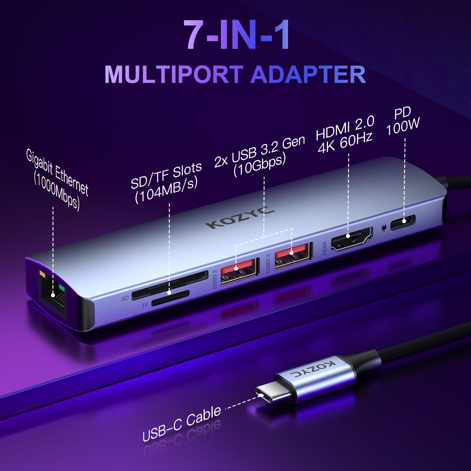 USB C Hub Ethernet Multiport Adapter, KOZYC 7-in-1 USB C Hub avec HDMI 4K@60Hz, 1Gbps Ethernet, 100W PD, 2 USB 3.2 10Gbps, SD/TF Card Slots Port, pour MacBook Air/Pro, XPS13/15, Dell