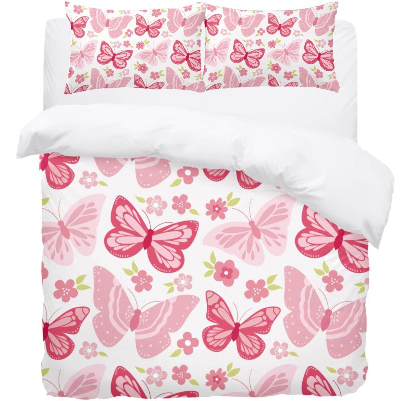 Parure de lit douce pour chambre d'amis avec housse de couette rose et taies papillons