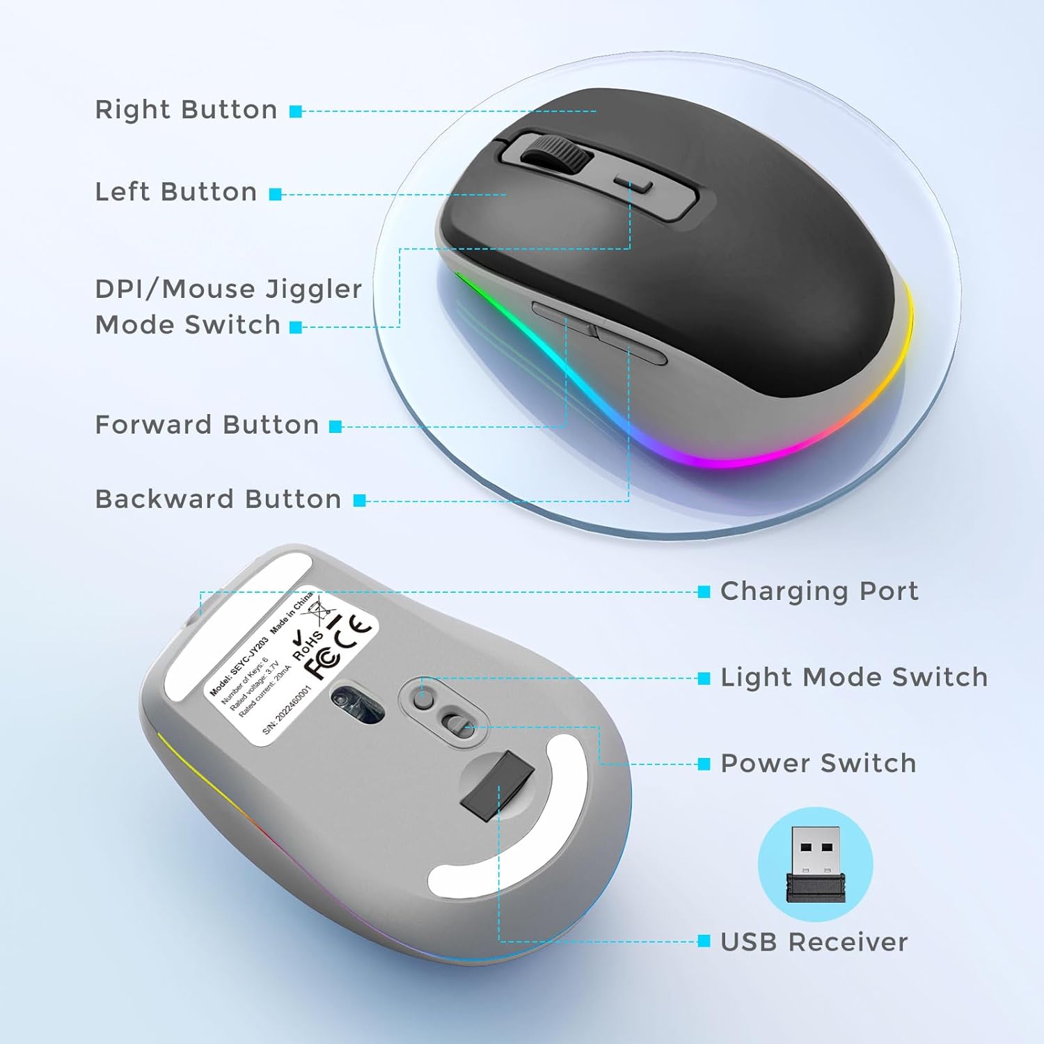 PEIOUS Wireless Mouse Jiggler - LED Wireless Mice with Build-in Mouse Mover, Rechargeable Moving Mouse for Laptop with Undetectable Random Movement Keeps Computers Awake - Black & ...