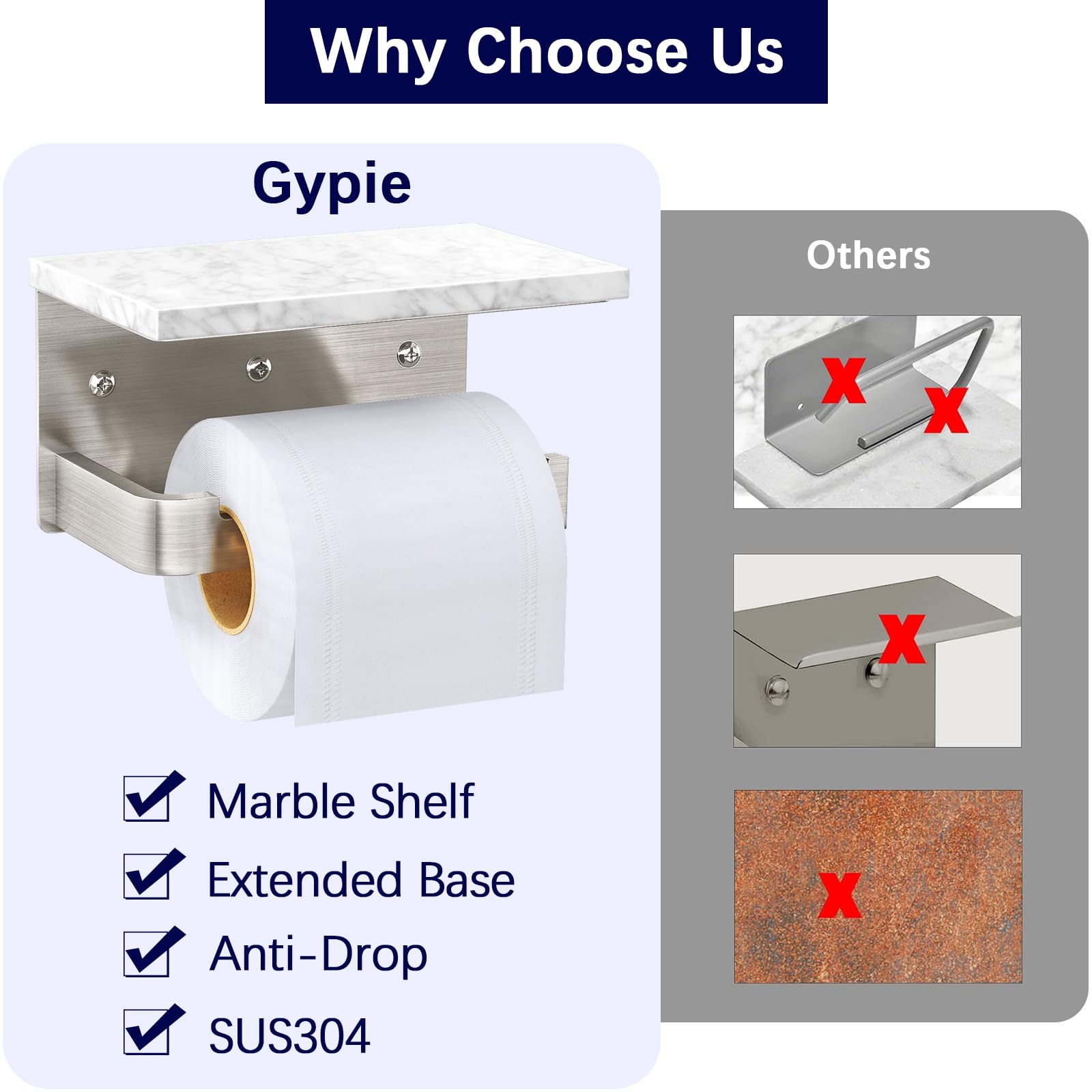 Gypie Portarrollos de papel higiénico con estante, base extendida montada en la pared, soporte para rollo de papel higiénico de mármol de níquel cepillado para baño