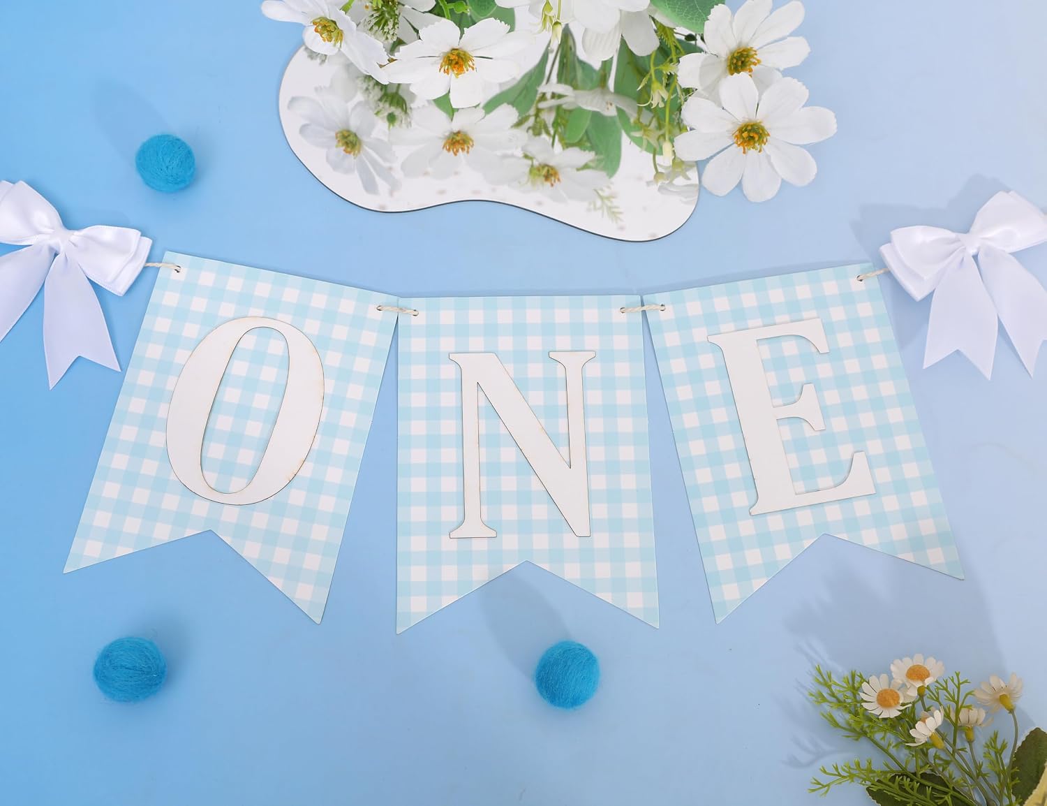Blue Gingham One High Chair Banner - Blue and White 1st Birthday Banner for Boys, Light Blu e Check One Garland, Boys 1st Birthday Decorations