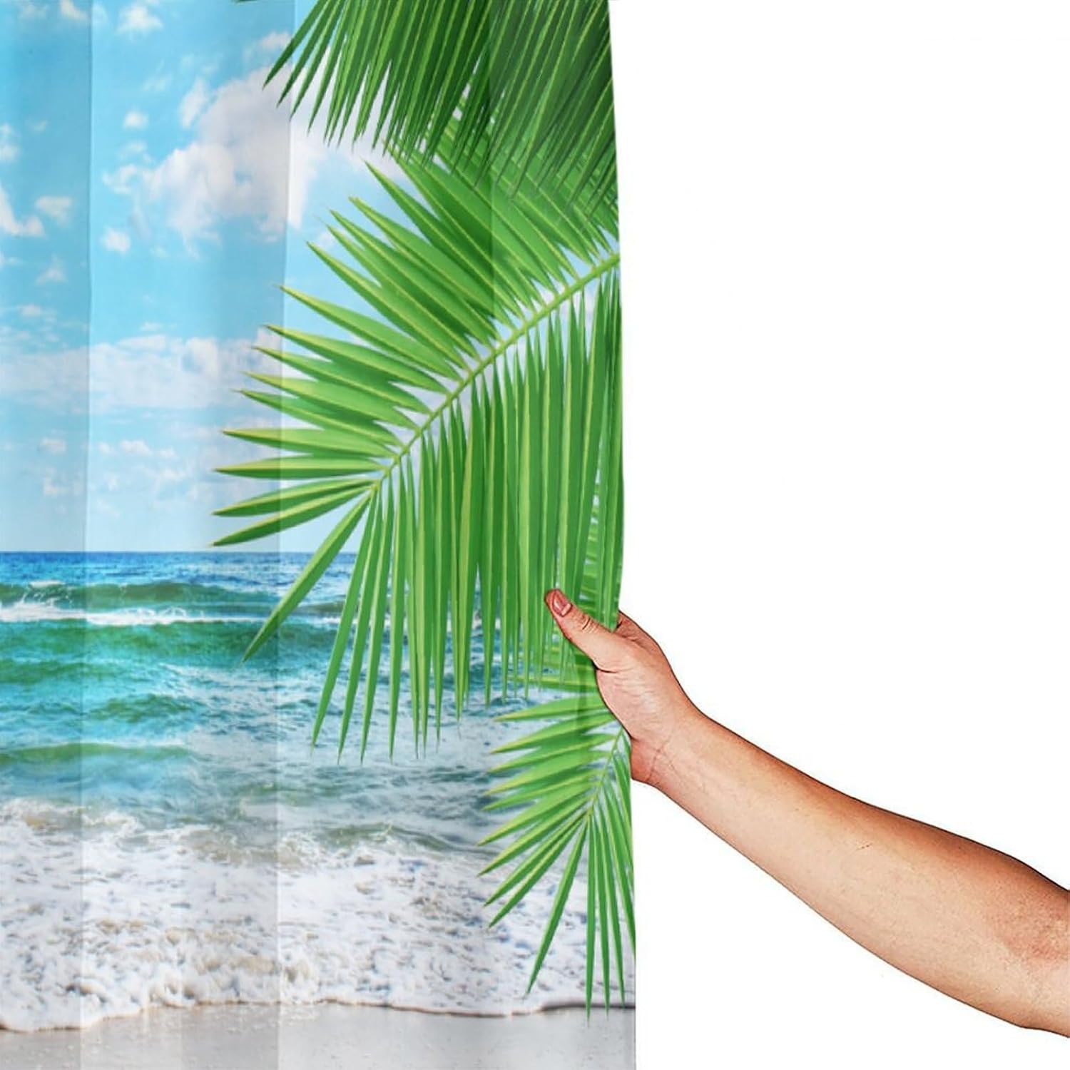 Ocean Beach Shower Curtain, Beautiful Blue Ocean Scenery Beach Coastal Palm Leaf Landscape Print for Bathroom Home Decor Set with 12 Pack Plastic Hooks72x84Inch(183x214cm)