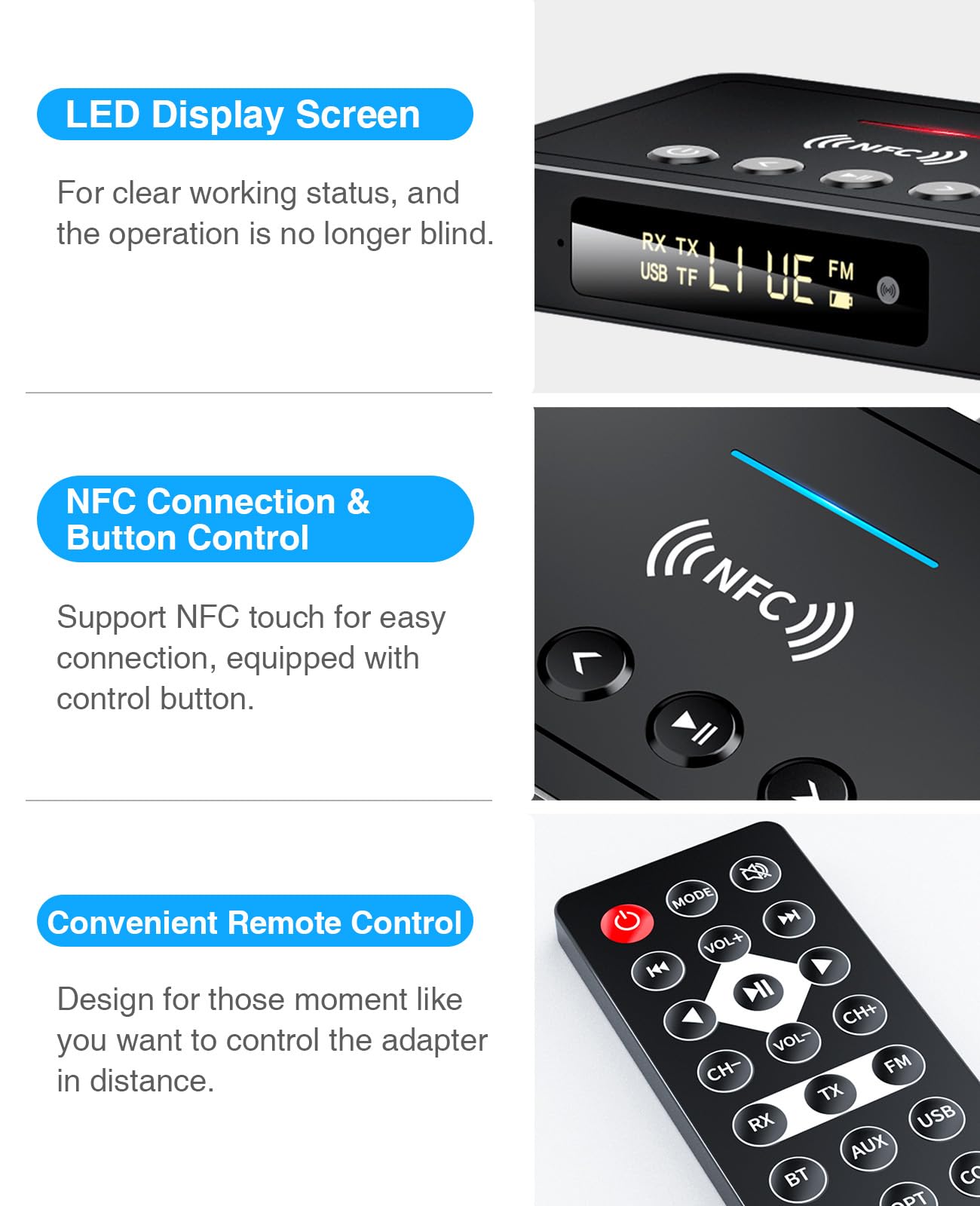 Trasmettitore Bluetooth, Adattatore Ricevitore Trasmettitore Bluetooth 5.0 3 in 1, Trasmettitore FM con Cavo RCA/AUX, Adattatore Audio Wireless per Sistema Stereo/TV/PC/Cuffie/Altoparlanti