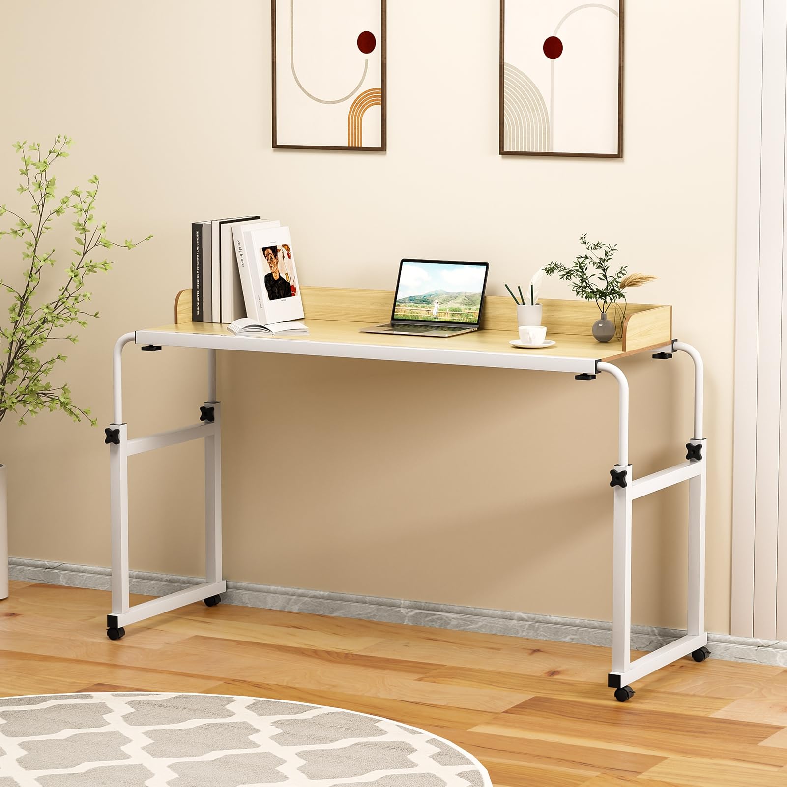 Tavolo da letto con ruote, regolabile in altezza, scrivania sopra il letto con deflettore rialzato King Queen Bed Table on Wheels Overbed Laptop Table per casa, ufficio, camera da letto,