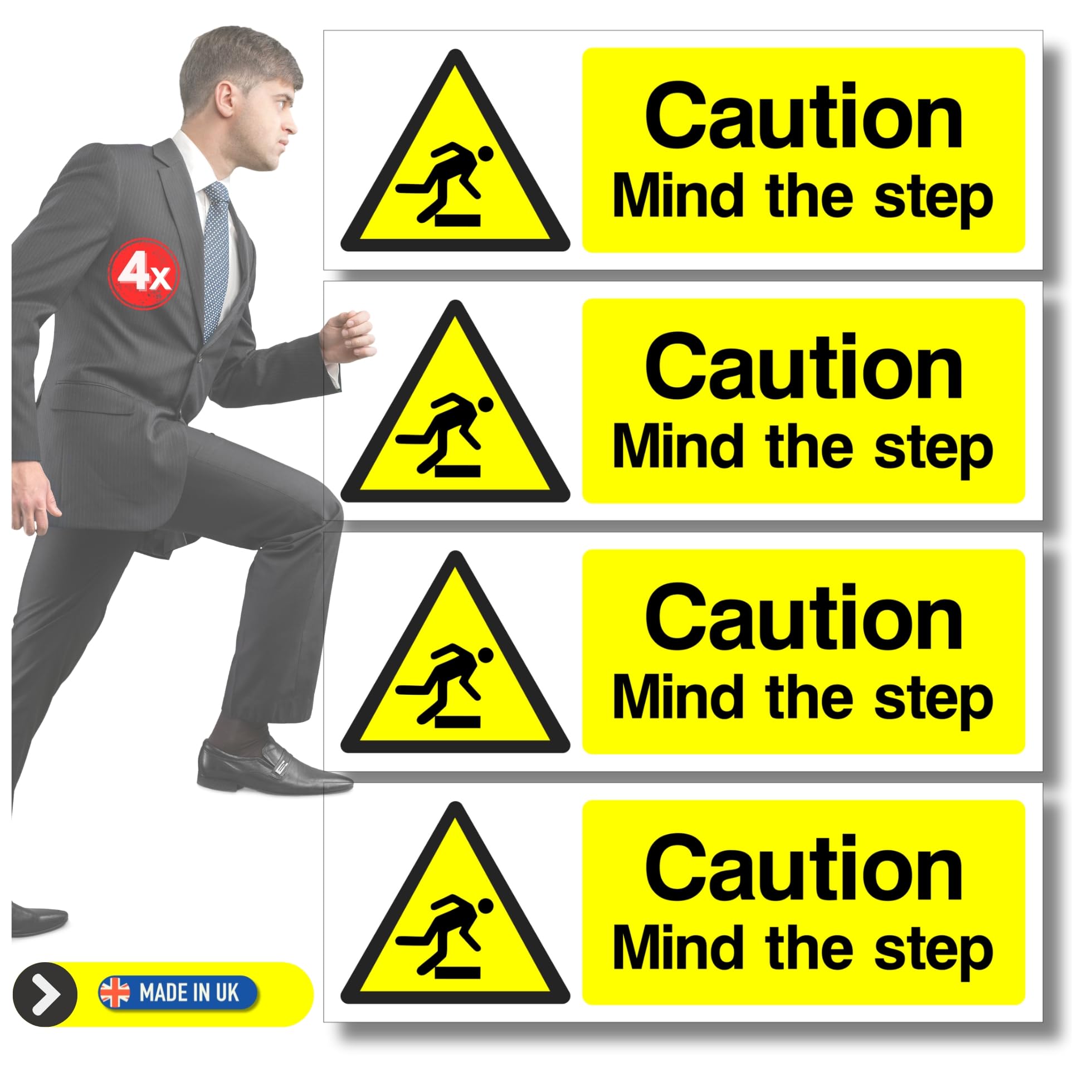 Mind The Step Sign Stickers 4X Pack 200mm x 65mm – Health and Safety Self-Adhesive Vinyl Signs Waterproof Decals Indoor Outdoor, Made in UK by Printkings.