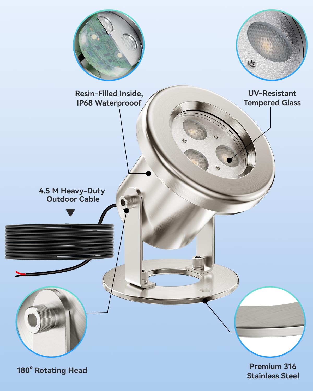 6W Luci per Laghetto 2700K, Acciaio Inossidabile SS316 Faretti per Laghetto Faretti per Laghetto con Cavo 4,5M, IP68 Luci Laghetto Immersione per Fontana, Cascata, Laghetto da Giardino