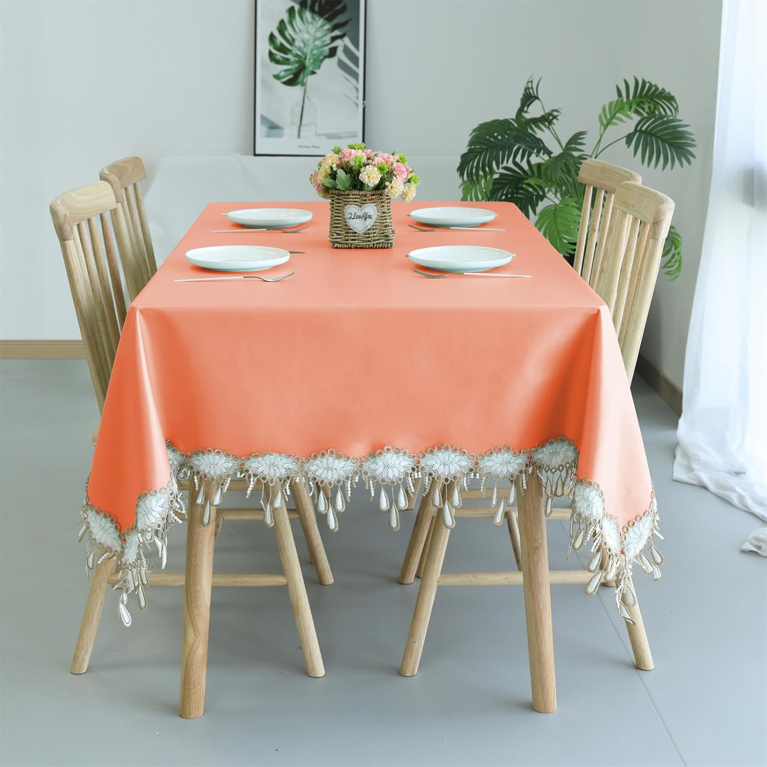 Rectangle Embroidered Lace Edge Tablecloth Waterproof Wrinkle Free Table Cloth for Dining Kitchen Party, 60 x 78 inch, Orange