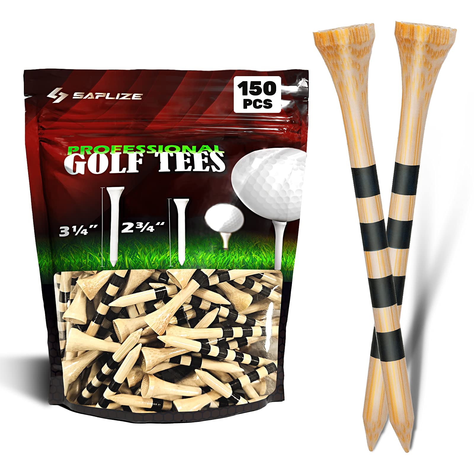 SAPLIZE Bamboo Golf Tees Pack of 100 or 150, Four Size Options (3-1/4", 2-3/4", 2-1/8", 1-1/2"), Stable and Reliable Golf Tees, Available in Natural Color