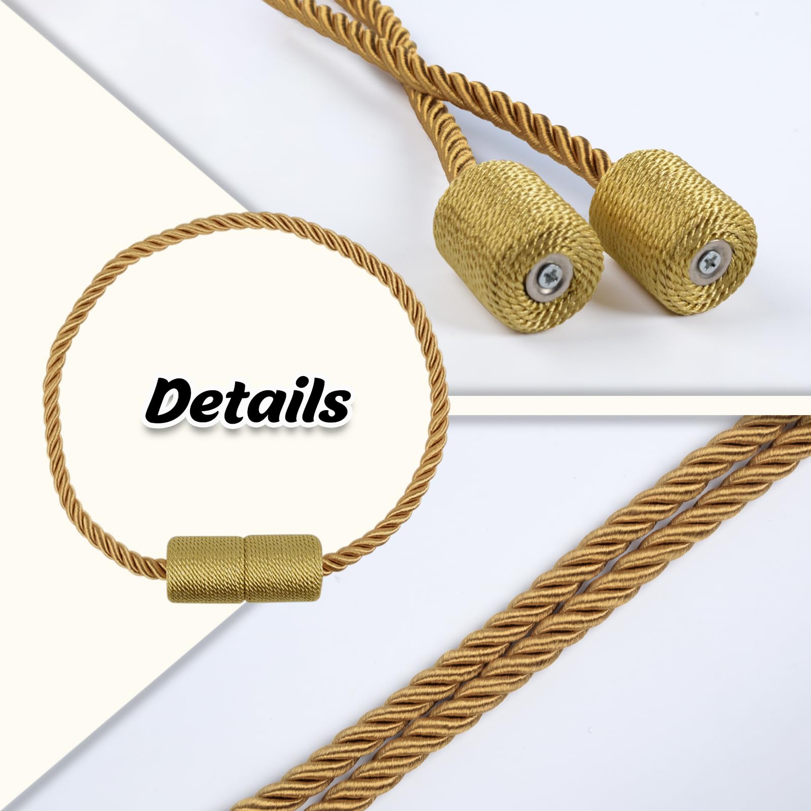 4 Embrasses De Rideaux Magnétiques - Boucles Avec Corde Dorée 47,5 Cm - Fixation Sans Perçage, Décoration Intérieure - Or