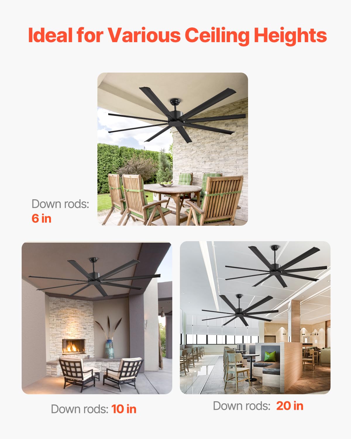 VEVOR Ventilador Moderno de Techo sin Luz 214 cm con Mando a Distancia 6 Velocidades, 8 Aspas de Aluminio, Motor DC Reversible, para Dormitorio, Salón, Interior, Exterior, Negro, Φ 2140 x 705,8 mm