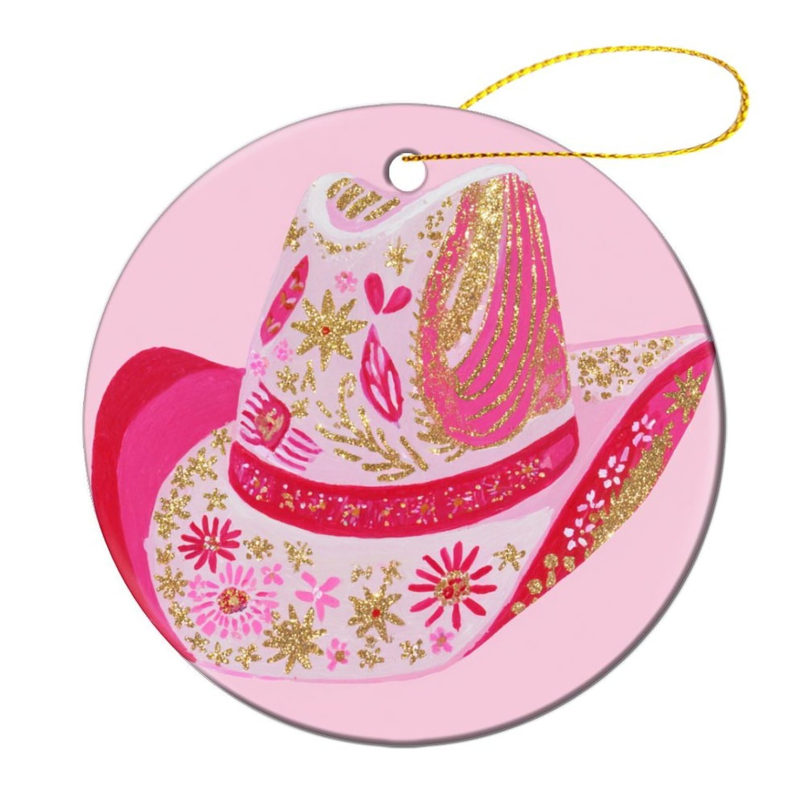 Sparkly Cowgirl Hat Pink And Gold Christmas Tree Hanging Ornaments,2 Pieces, 7.2CM Round Double-Sided