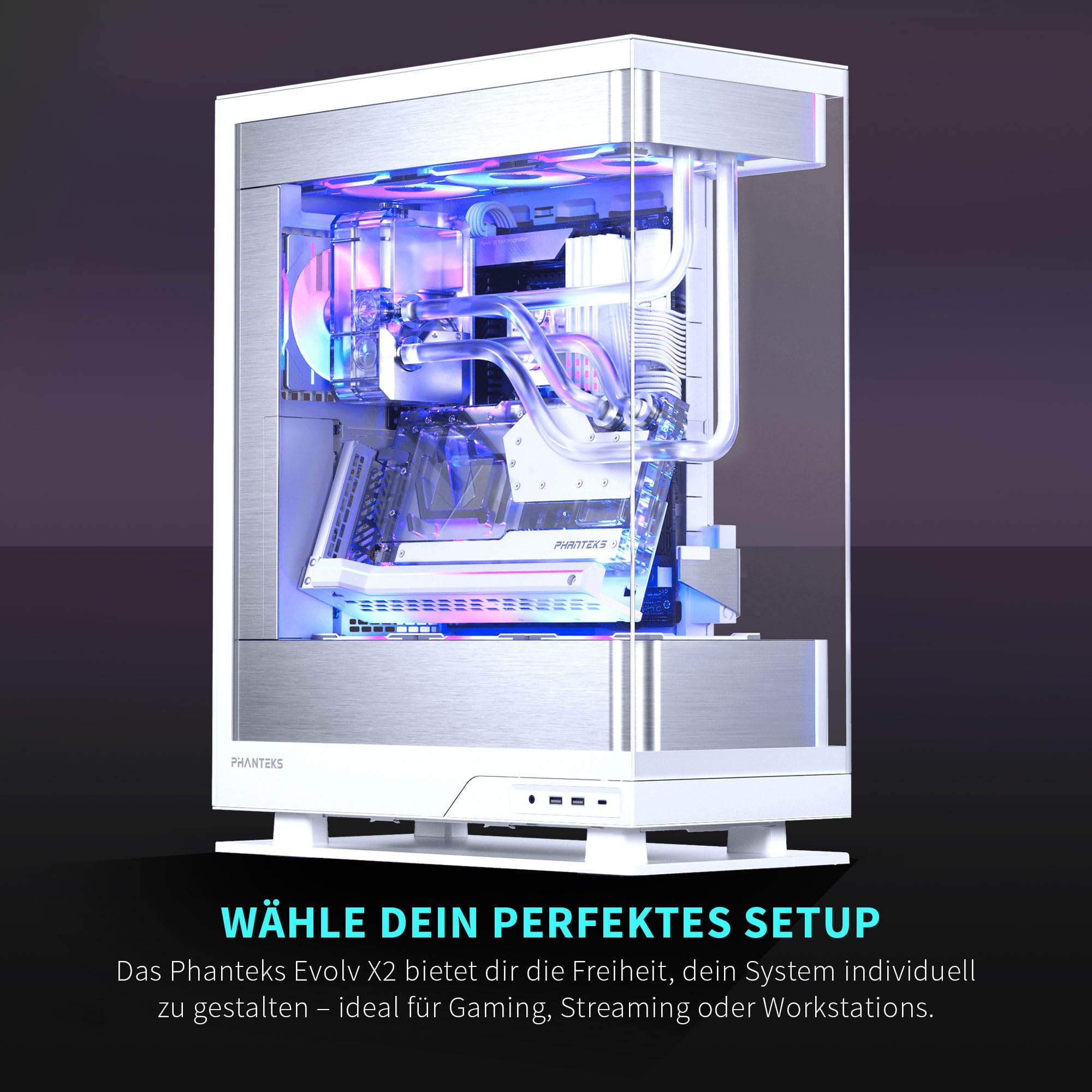 Phanteks Evolv X2, Mid-Tower Gaming Chassis, Vertical Cooling System, See-through Tempered Glass Chassis, Brushed Aluminum interior panel with Integrated D-RGB Lighting, Silver White