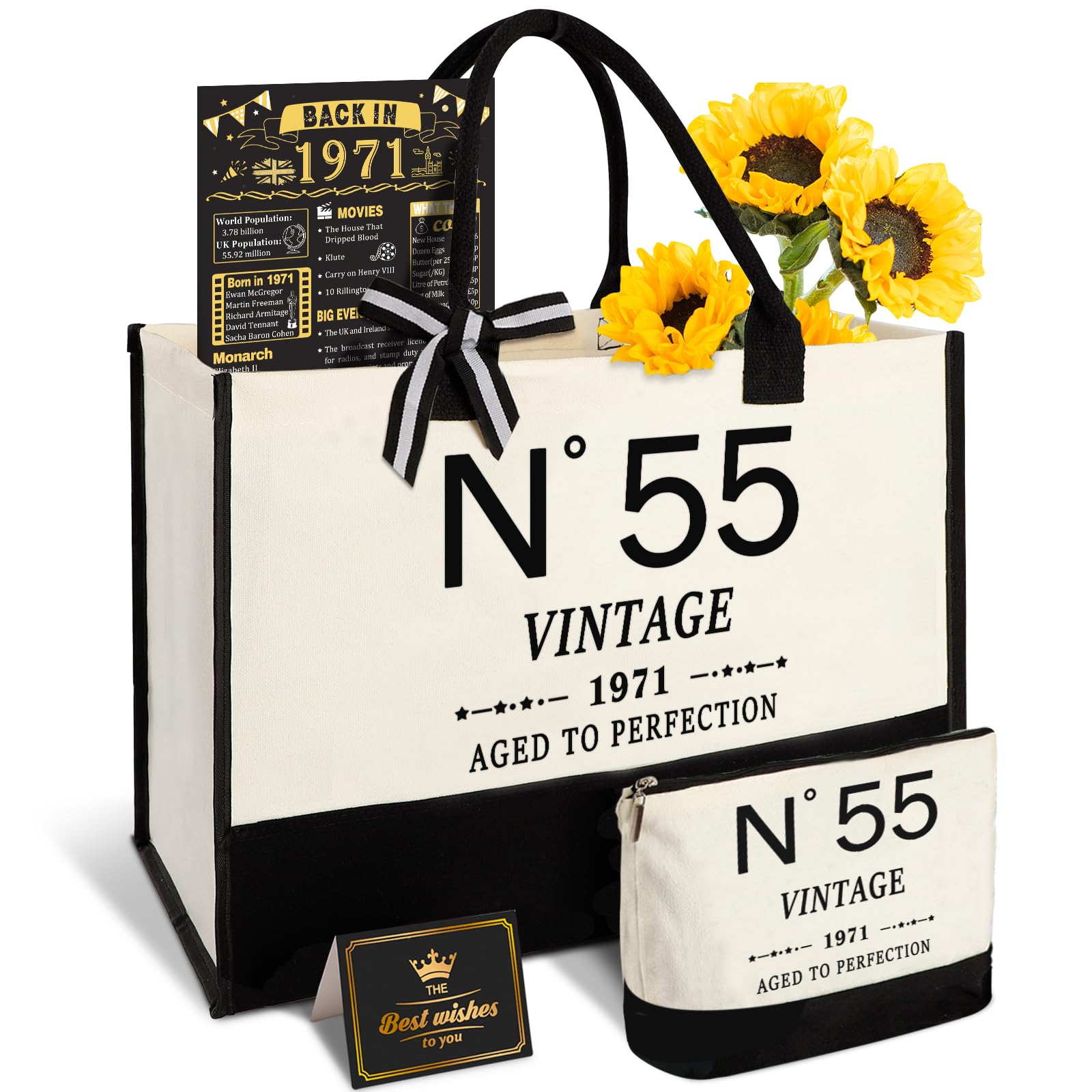 Amosking 55th Birthday Gifts for Women Canvas Tote Bag, Unique 55 Years Old Gifts for Wife Mum Aunt Sister Friends Her, Vintage N°55 Handbag & Cosmetic Bag & Back in 1971 Poster