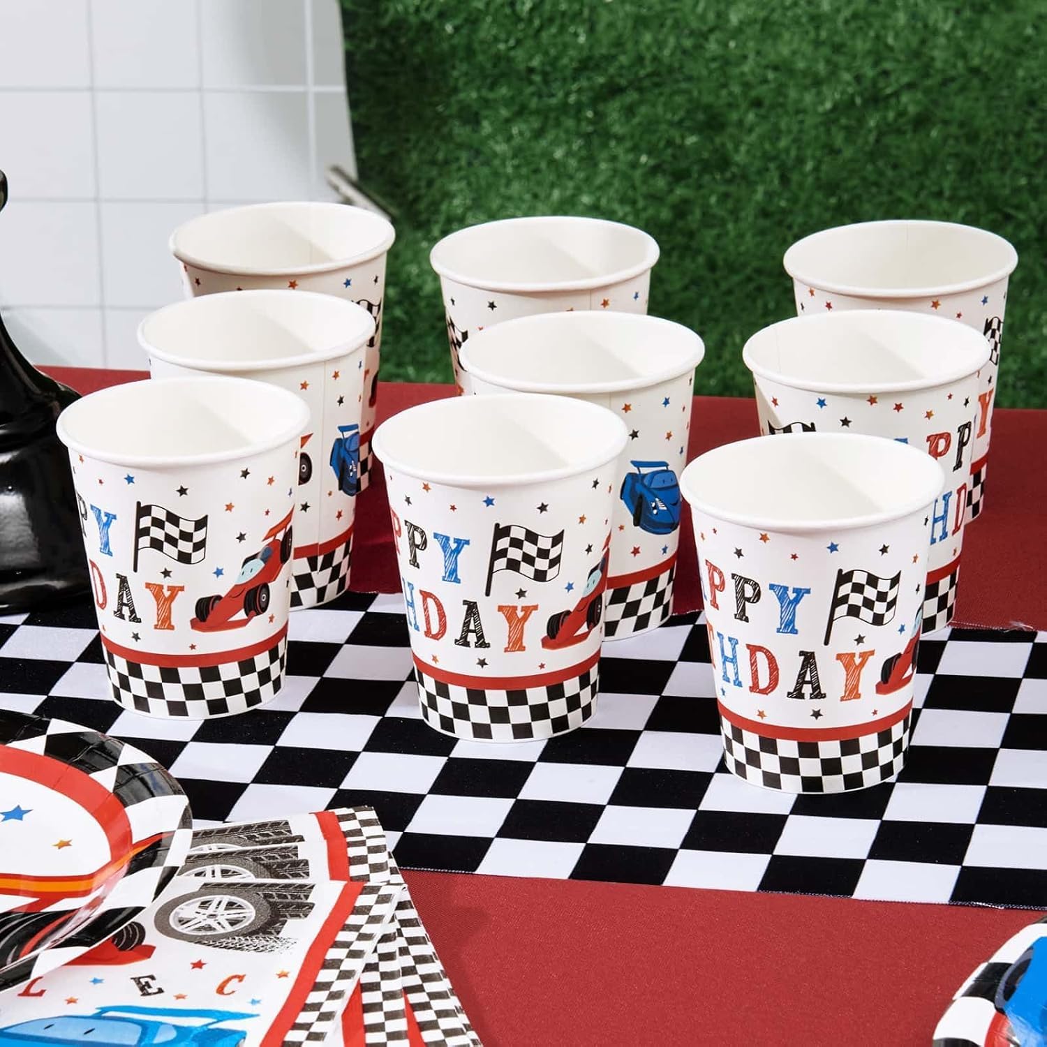 WERNNSAI Race Car Party Decorations - 64 PCS Car Plates Napkins Cups Black and White Checkered Themed Dinnerware for Kids Boys Two Fast irthday Supplies Favors Serves 16 Guests - Image 5