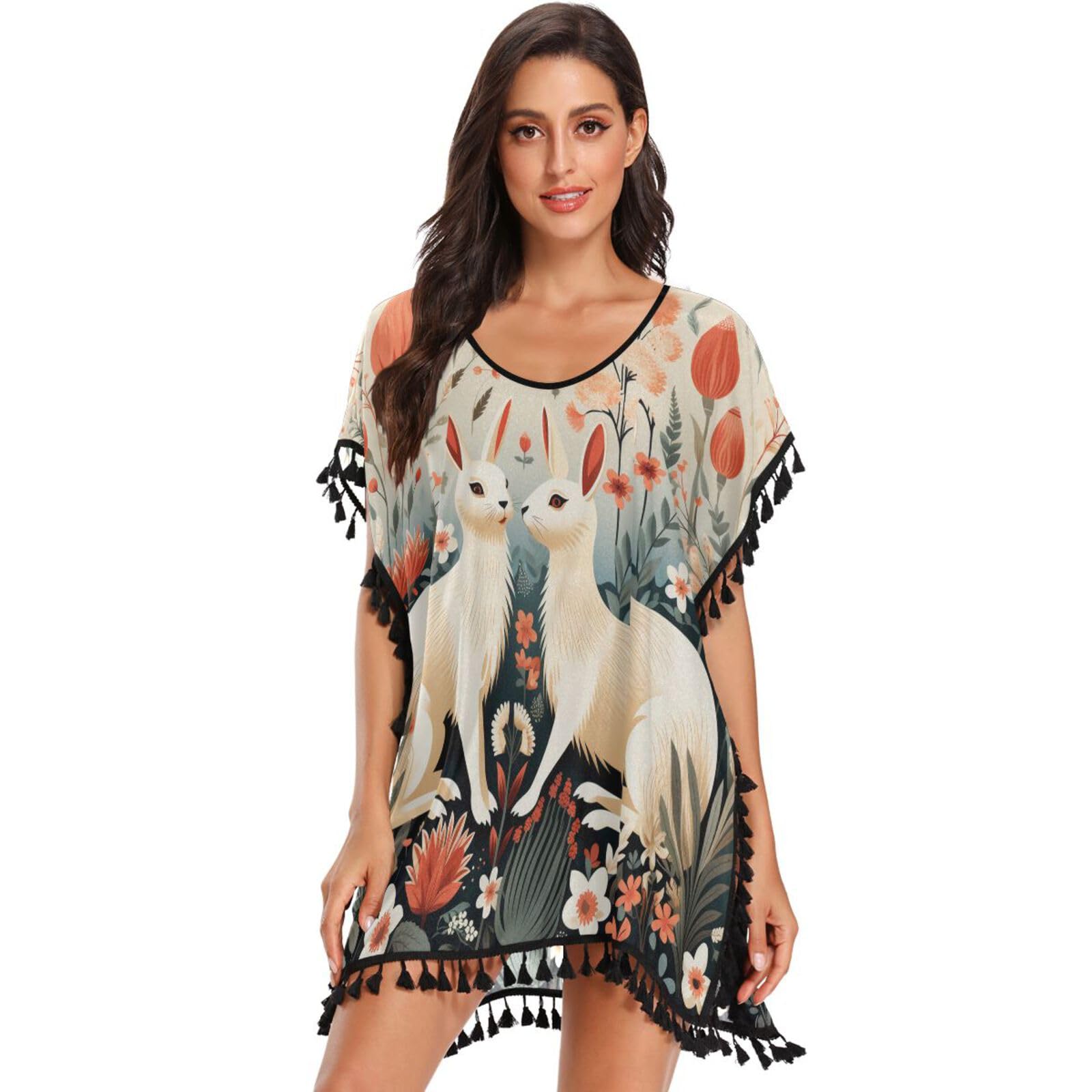 Beige Background Rabbits Art Women's Beach Cover Up Chiffon Tassel Swimwear Swimsuit Coverups for Girl