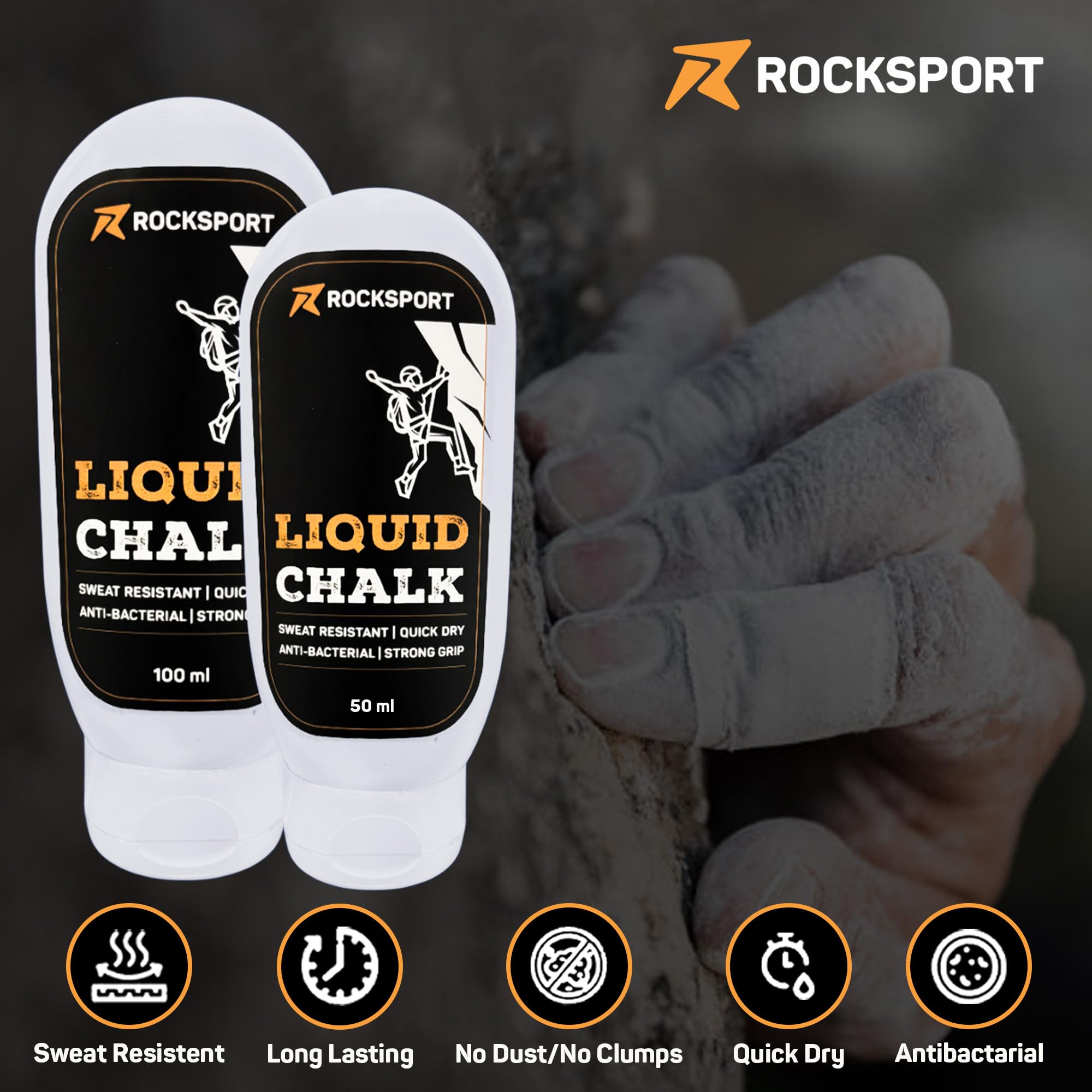 Rocksport Liquid Chalk for Gym, Weightlifting & Climbing – Quick Drying Lifting Chalk | Gym Powder for Grip | Non-Messy Chalk for Gym, Fitness, Crossfit & Calisthenics | 50 ML