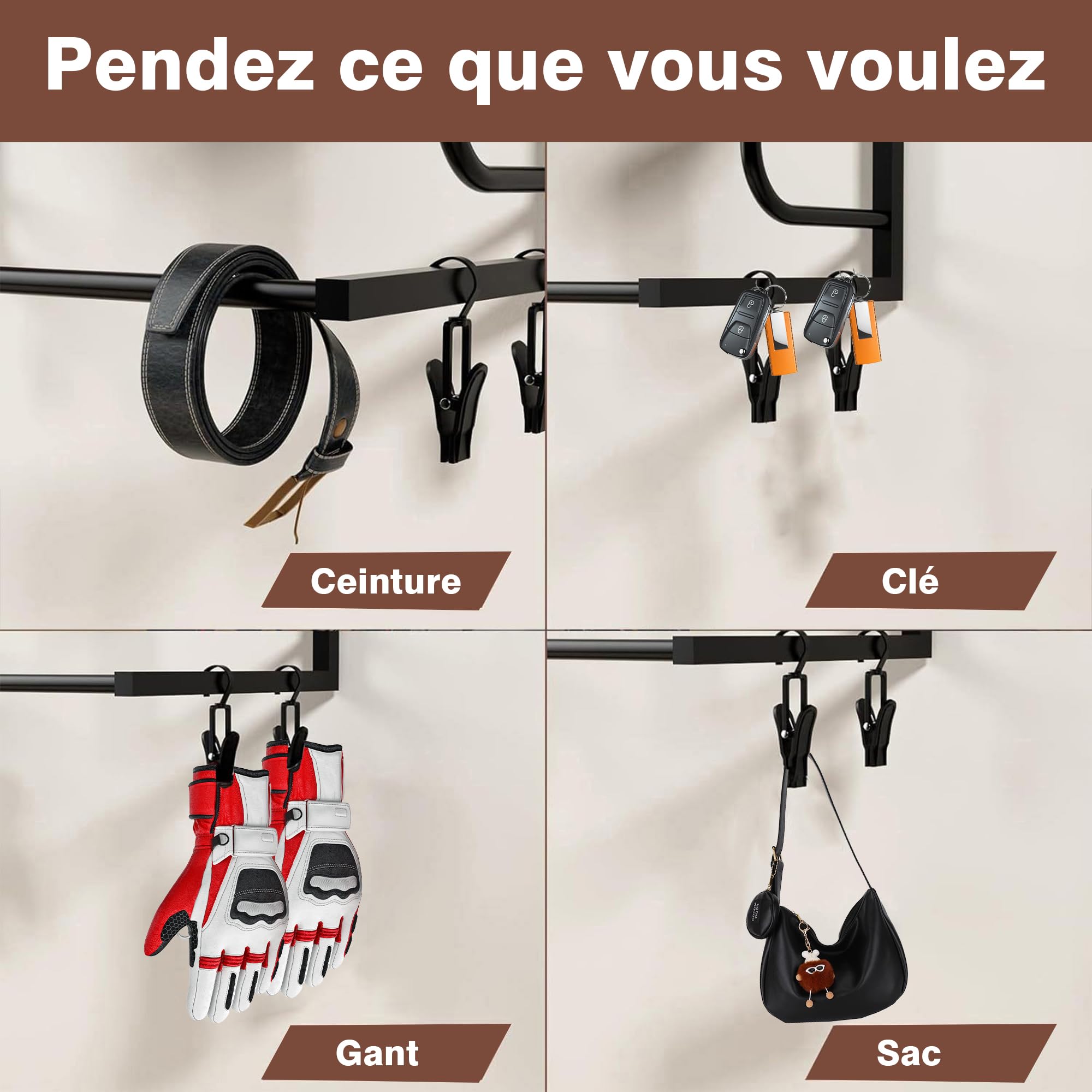 Support Casque Moto, Porte Casque Moto Mural avec 4 Clips à Gants et 4 Crochets, Support Mural pour Ranger Vos Accessoires de Moto, Football, Rugby, Équipement d'Autres Sports