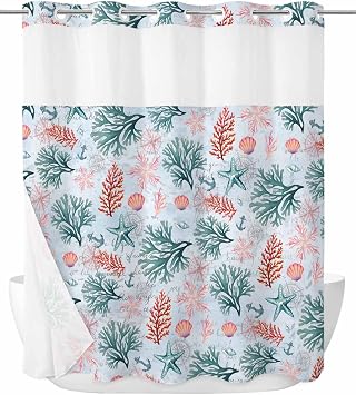 No Hook Shower Curtain with Snap in Liner Set,Summer Coral Shells Sea Nuts Waterproof Fabric Shower Curtains Abstract Marine Life Double Layer Bath Curtain for Bathroom,72Wx72L