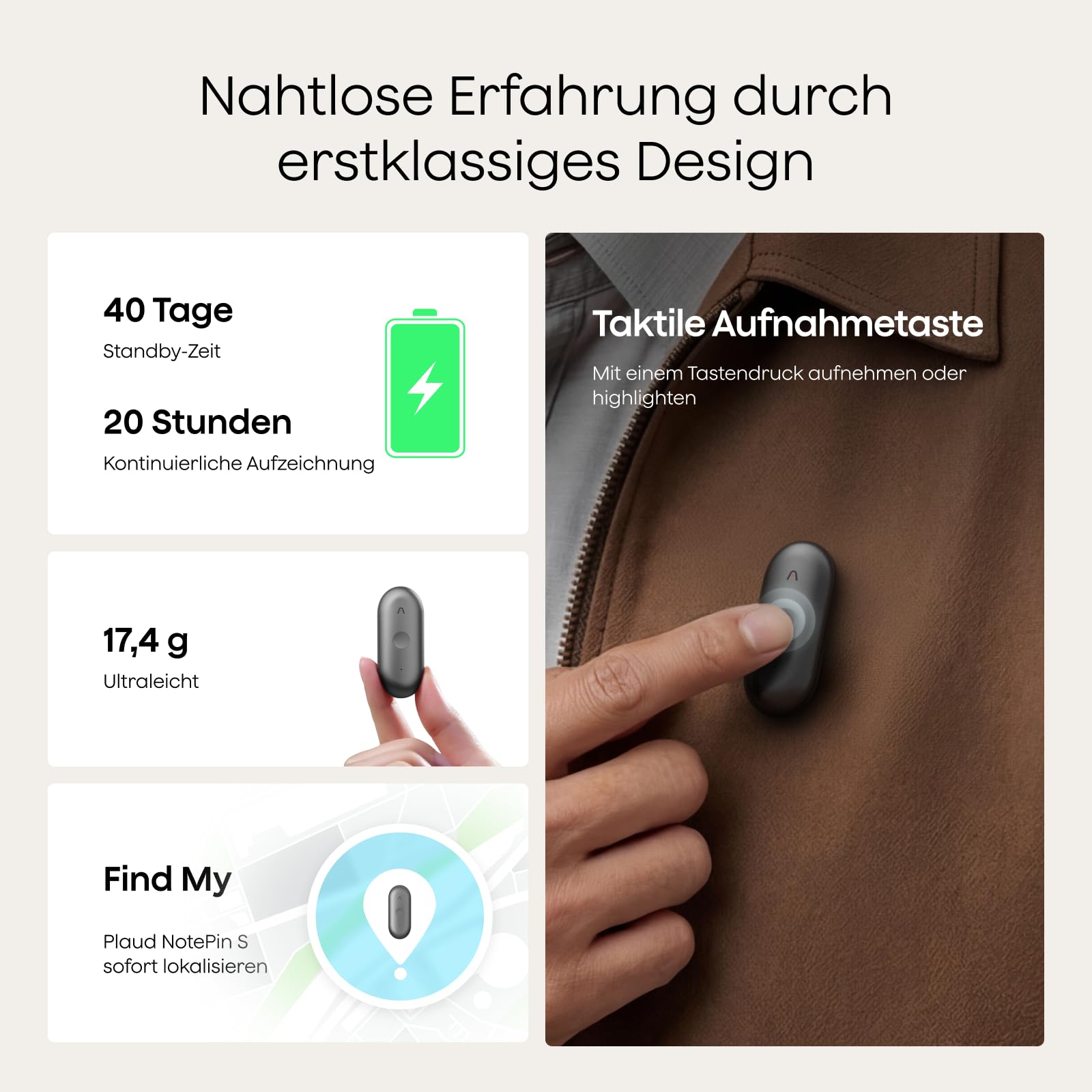 Plaud NotePin S Diktiergerät mit taktiler Aufnahmetaste Profis & Teams KI Voice Recorder KI-Notizgerät KI-Schreibfunktion & Zusammenfassung Aufnahmegerät für Meetings 4 Zubehörteile (Grau)