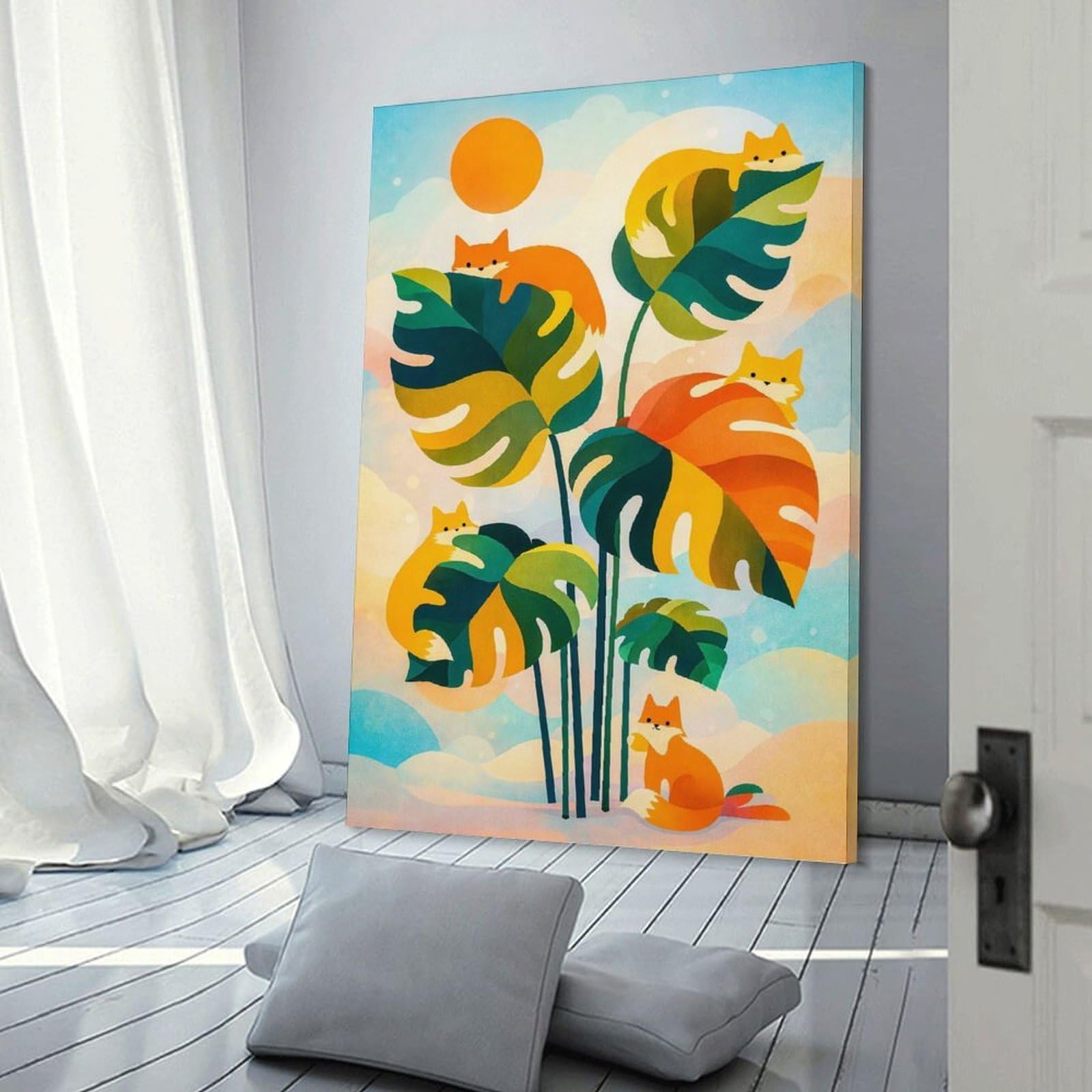 Junmoney Home Decor Wall Art Cute Foxes on Tropical Leaves, 20x30inch(50x75cm), for New Homes, Bedrooms Or Workspaces, Decorative Present for New Homes