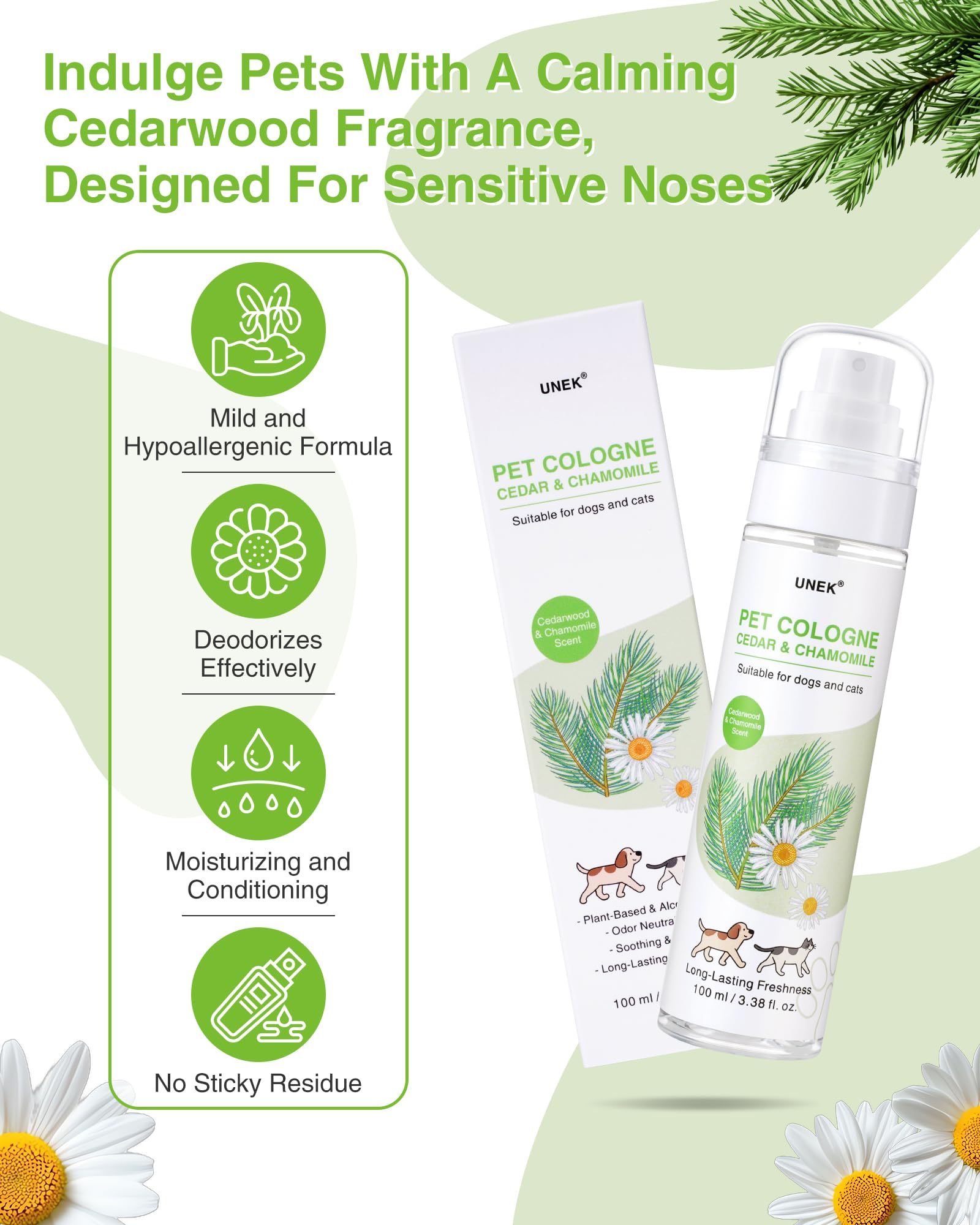 UNEK Perfumy zapachowe dla psów, drewna cedrowego, dla psów i kotów, długo utrzymujący się dezodorant i spray do pielęgnacji sierści, nieklejące się, rozmiary przyjazne w podróży | 100 ml