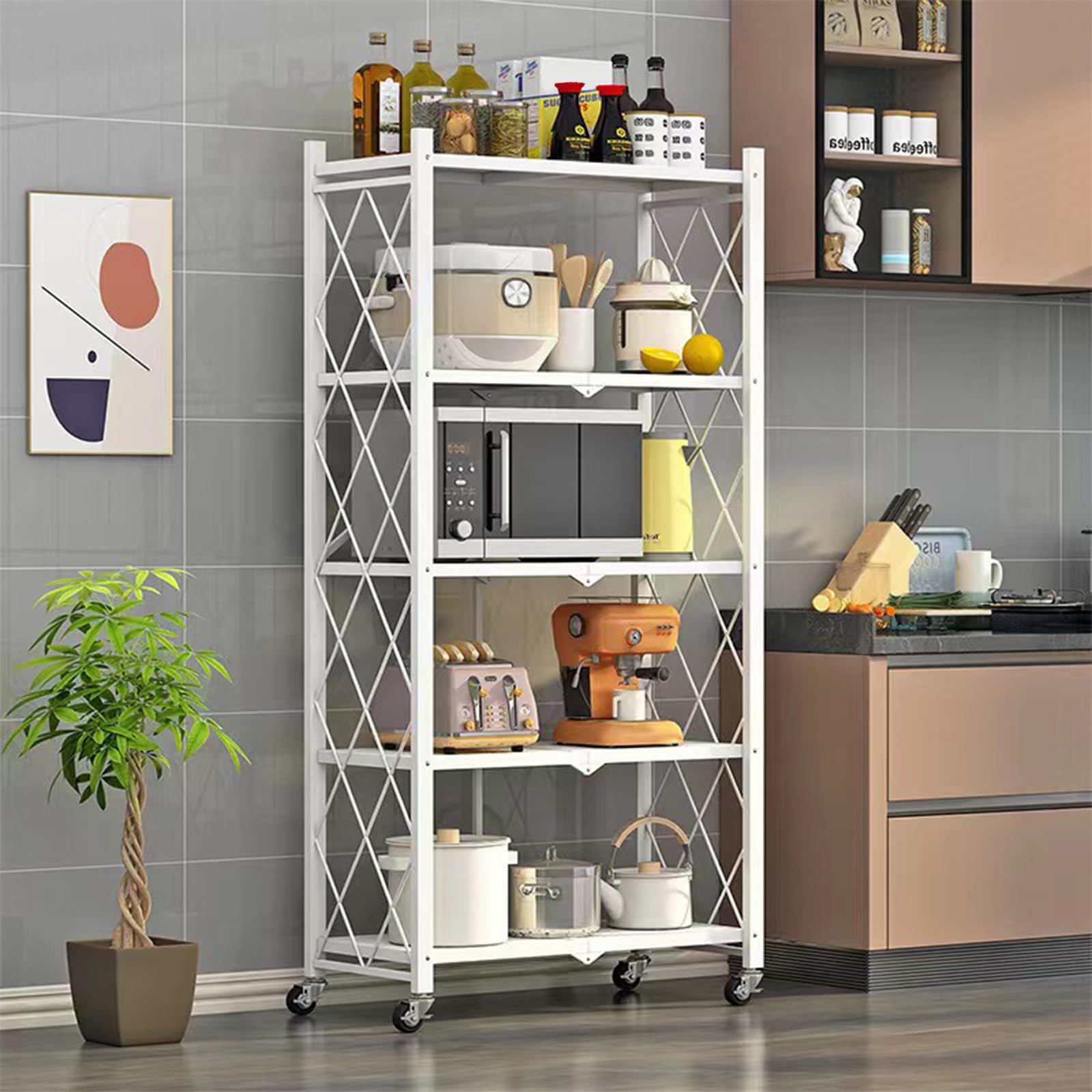 Foldable Storage Shelves with Wheels, Folding Shelving Units Storage, Heavy Duty Metal Collapsible Shelf No Assembly, Large Capacity Pop-Up Organizer for Garage,Kitchen,Living Room, 5-Tier White