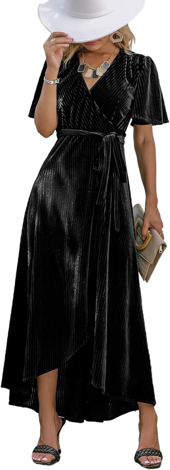 BerryGo Women's Velvet V Neck Wrap Semi Formal Dress Cocktail Party Maxi Dress for Wedding Guest