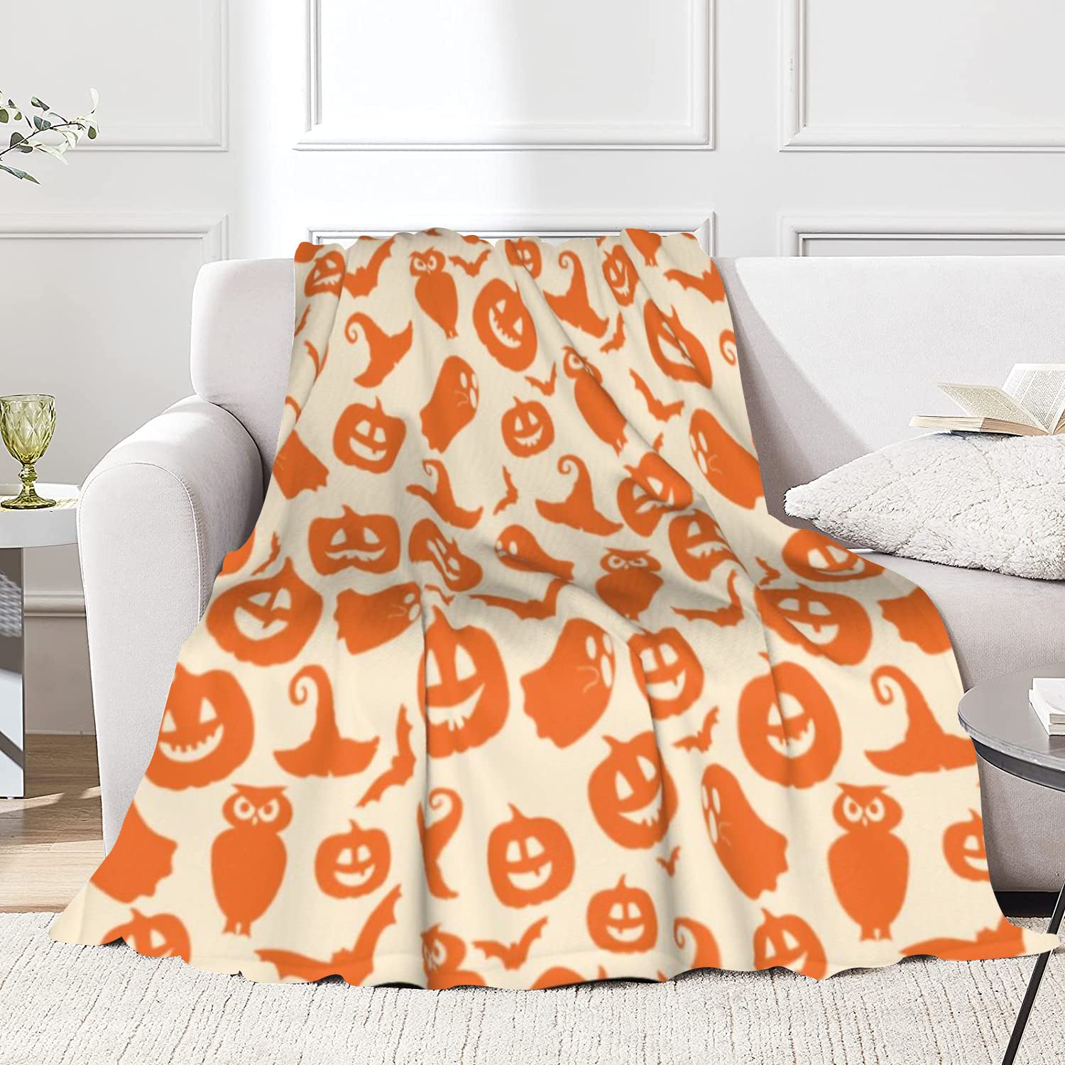 JOOCAR Halloween Flannel Throw Blanket - 100x125 cm, Orange Pumpkin Head Ghost Bat Owl Witch Hat Cozy and Soft Plush Warm Blankets for Bed Couch Living Room Sofa Chair โ image 1