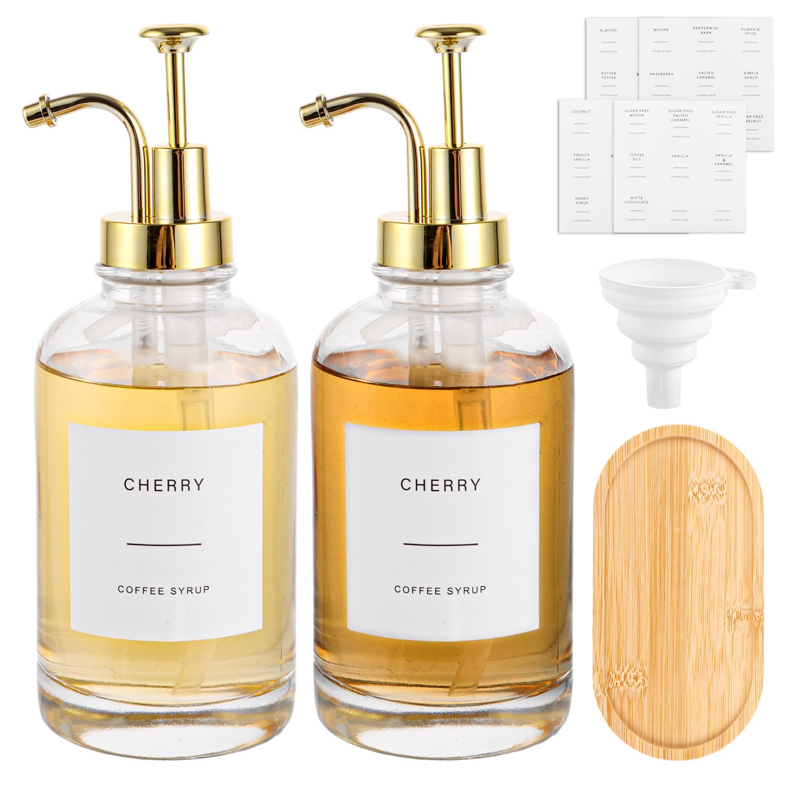 DAJAVE Lot de 2 distributeurs de sirop de café de 500 ml avec étiquettes et entonnoir, distributeur de sirop de café, bouteilles en verre pour organiser l'huile, le vinaigre, le savon, les liquides