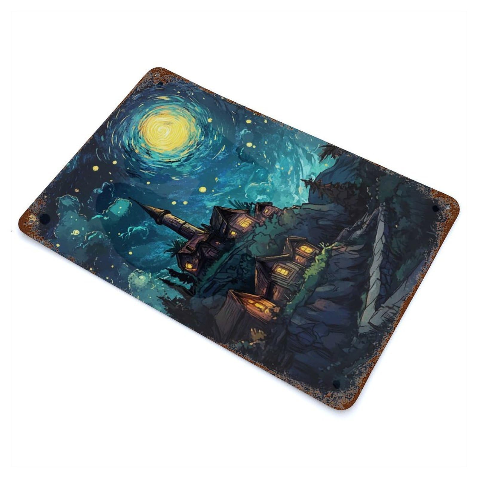 Night Village Under Starry Sky Rustic Tin Plaque 11.8"x7.9", Ideal for Shed, Workshop And Garage Wall Decor