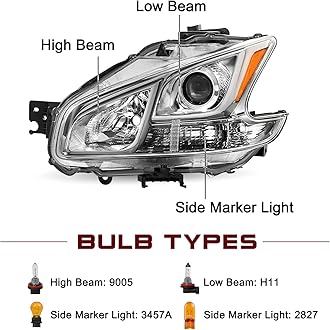 JSBOYAT Halogen Headlight Assembly Replacement for 2009-2014 Nissan Maxima 4-Door Sedan Headlamp Driver and Passenger Side (Chrome Housing with Amber Reflector) – Not for HID