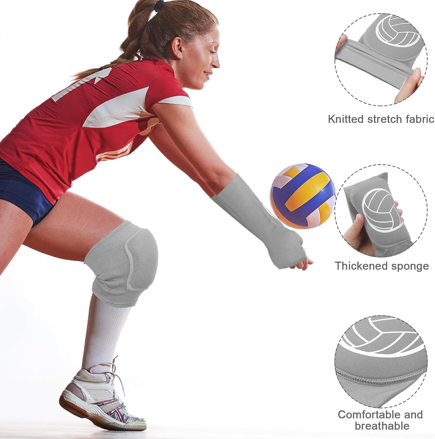 Sosation 2 Set Volleyball Knee Pads and Volleyball Arm Sleeves with Protection Pad Compression Forearm Wrist Guard with Thumb Hole Soft Breathable for Hitting Passing