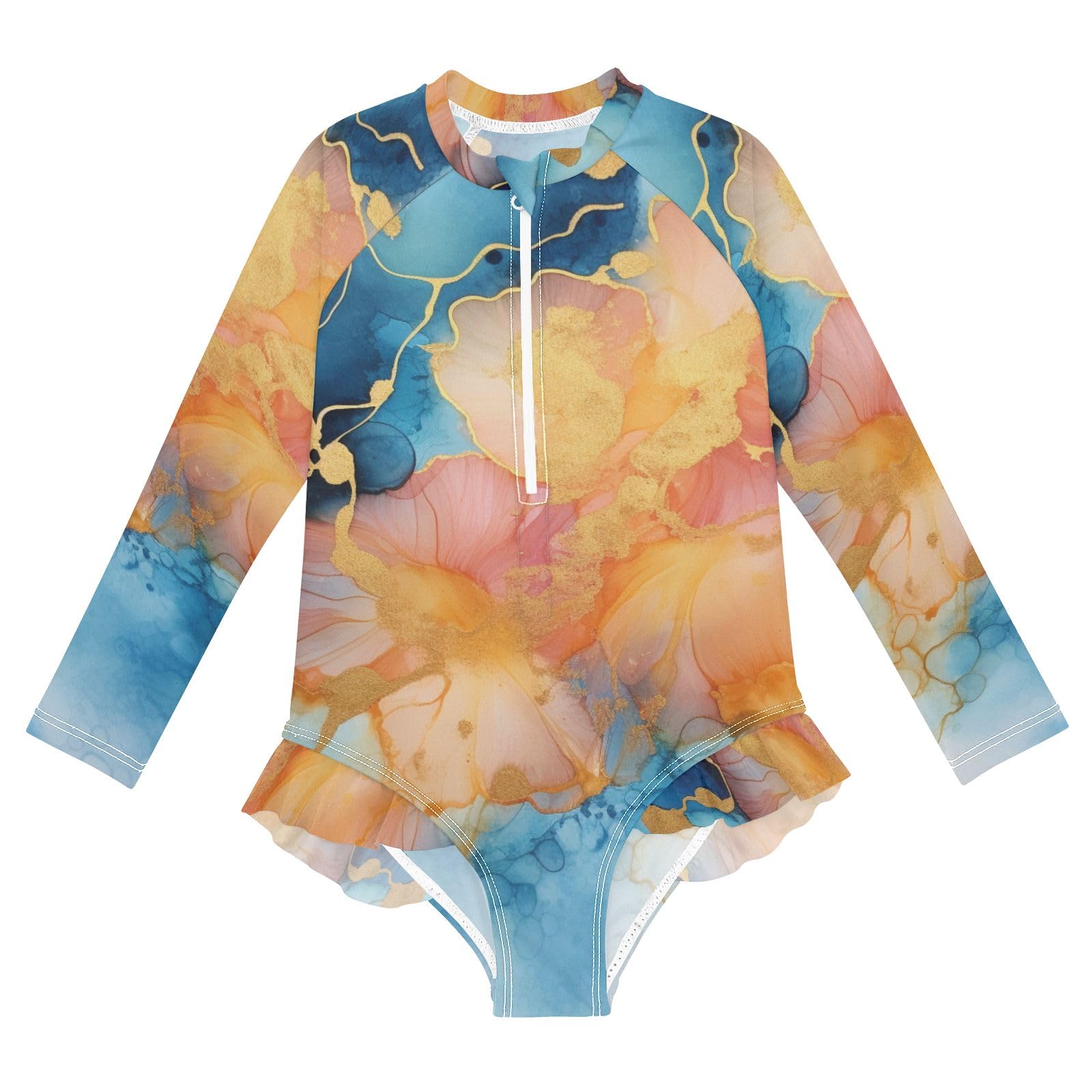 ALAZA Swimsuit for Girls Long Sleeve Rashguard Bathing Suit Orange Marble Blue Quick Dry 4T