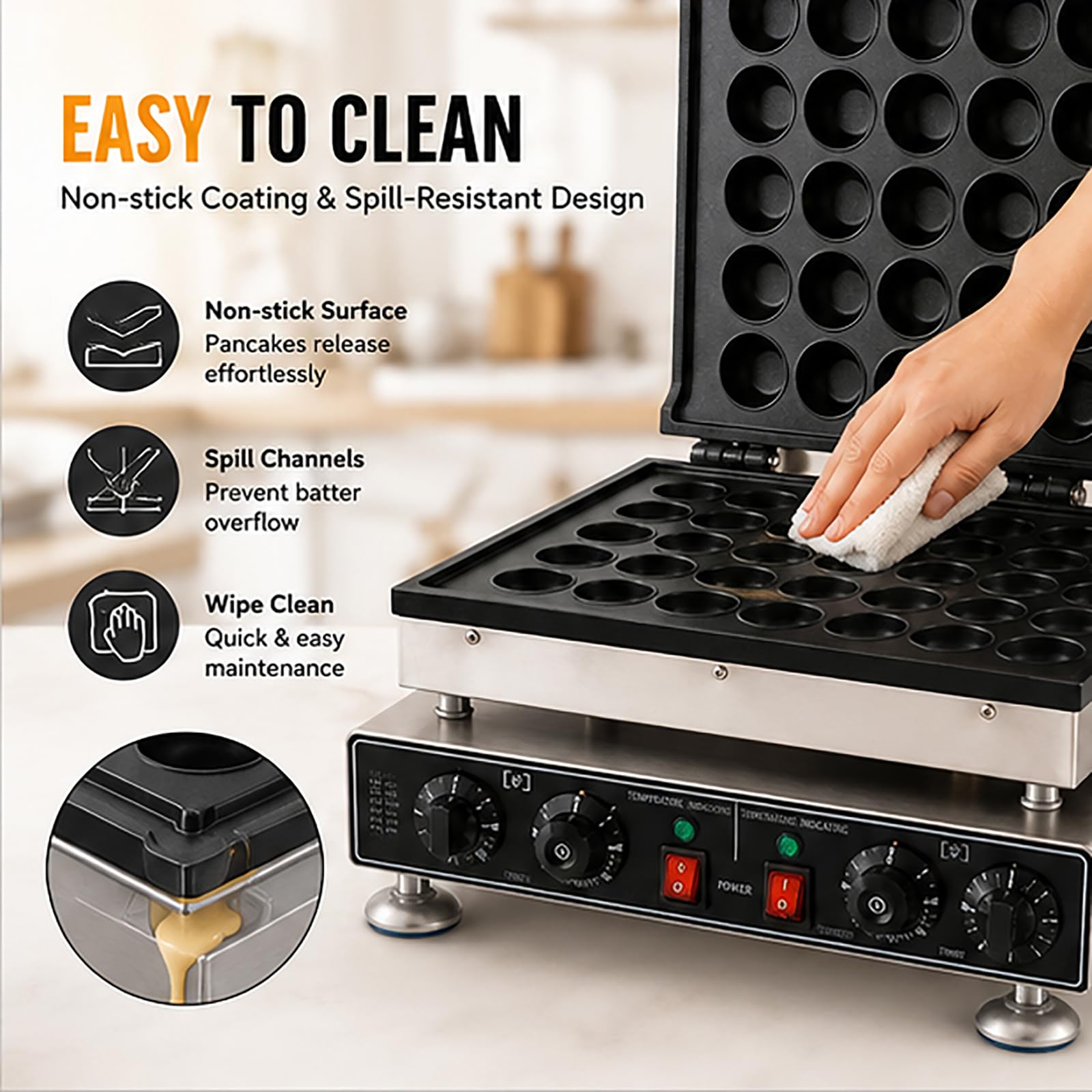 Máquina para hacer mini panqueques, horno holandés de poffertjes antiadherente, gofrera profesional con termostatos independientes, parrilla de muffins de acero inoxidable 25-hole