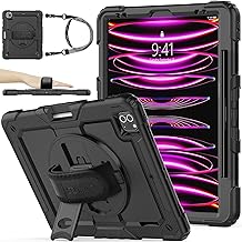 SEYMAC stock 12.9 Inch iPad Pro 6th Gen 2022 Case, Shockproof, Protective Film, Pen Storage, 360° Rotating Stand, Hand Strap, Shoulder Strap, Full Protection Cover, Exclusively For iPad Pro 12.9 6th/5th/4th/3rd Gen (Black)