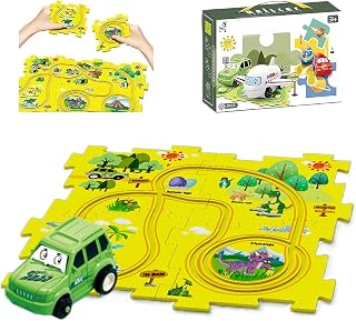 Children's Educational Puzzle Track Car Play Set - 2023 New DIY Assembling Electric Trolley, Electric Train Track Puzzle Set, Rail Car Building Toys Puzzle Board for Kids Gifts (25PCS, Dinosaur)
