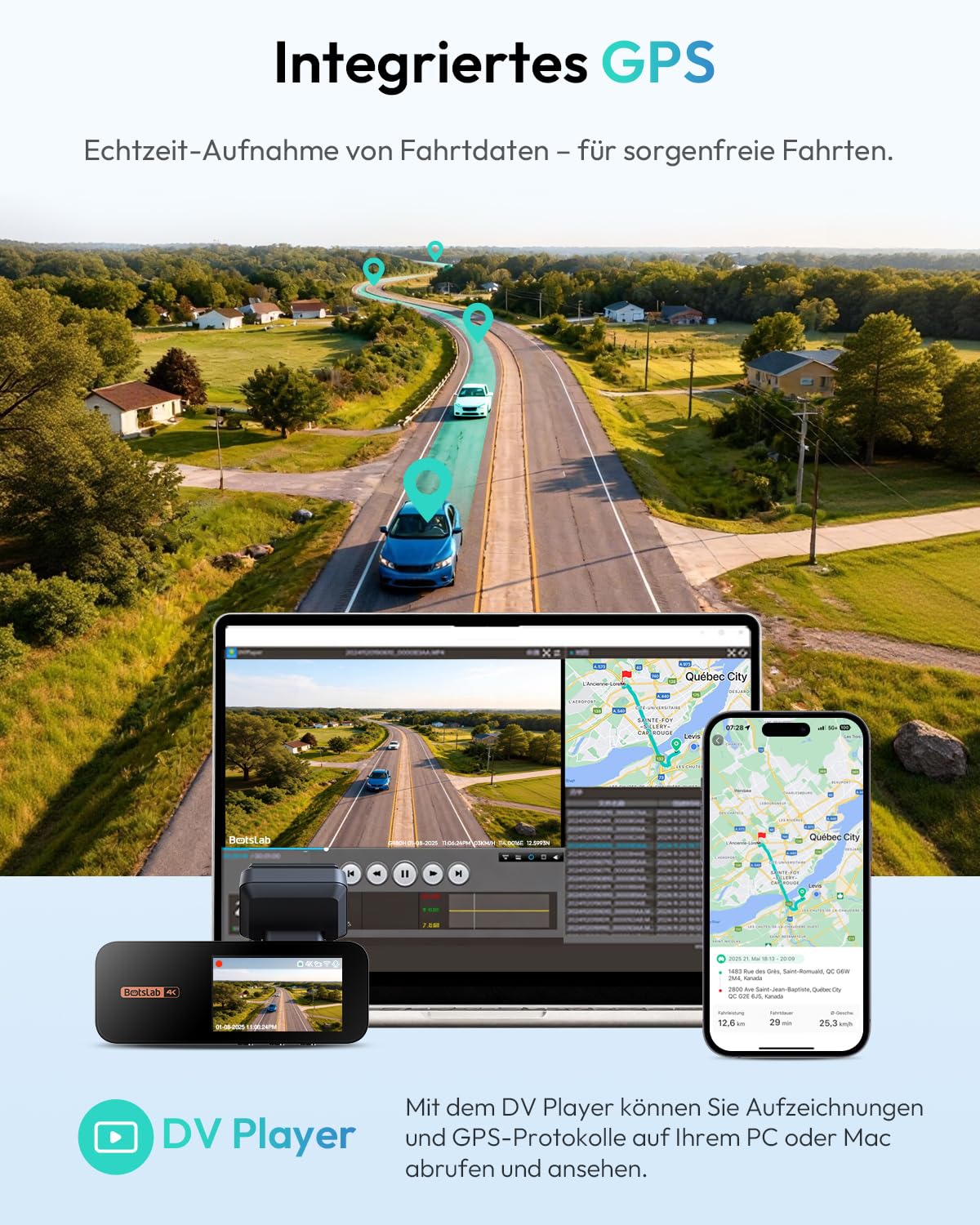 BOTSLAB Dashcam Auto Vorne Hinten 4K GPS WiFi Dual Autokamera 64GB SD Karte ADAS Nachtsicht 170° Weitwinkel WDR 2,45" IPS 24/7 Parküberwachung Loop-Aufnahme