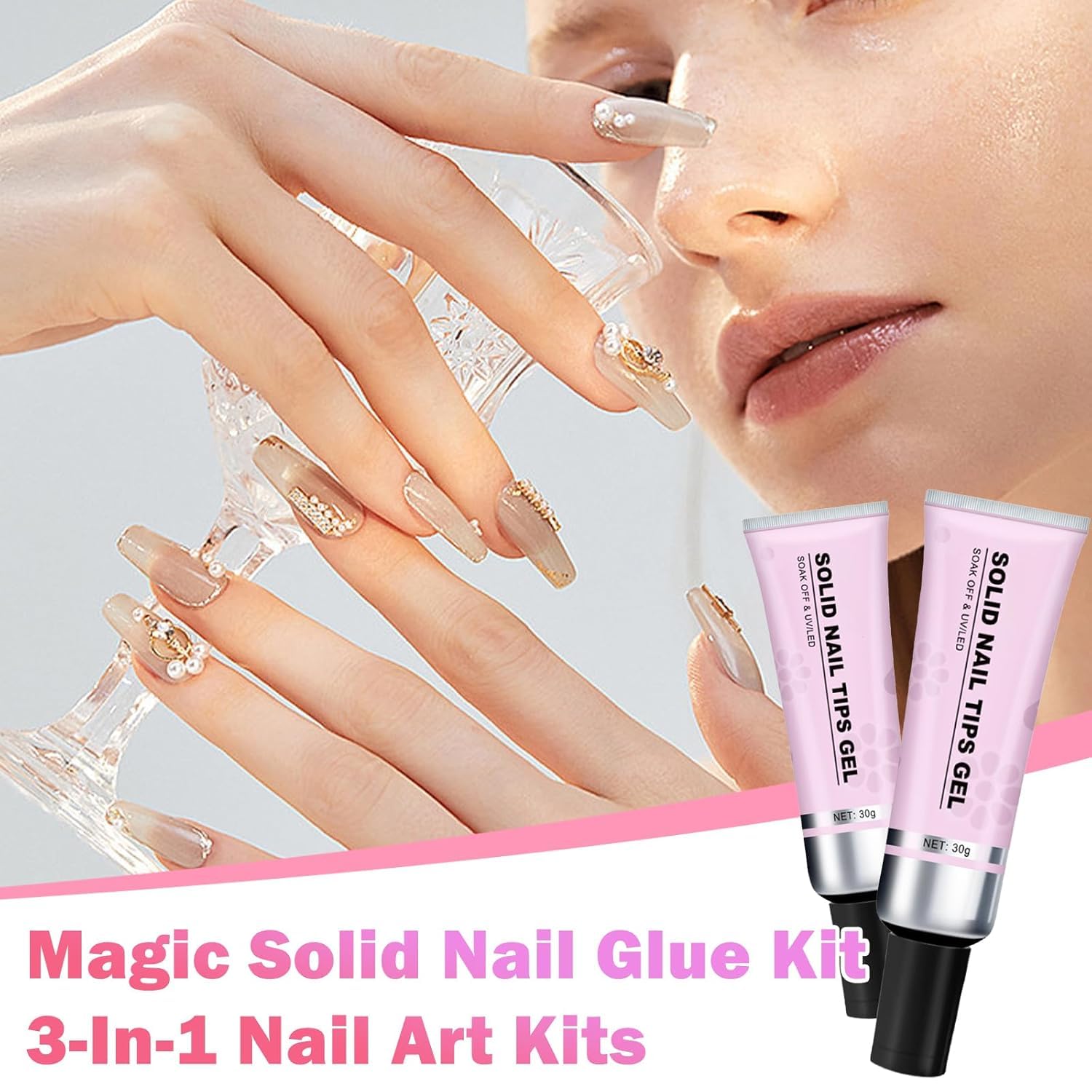 Magic Solid Nail Glue Kit 3-In-1 Nail Art Kits | Solid Nail Glue Gel for Nail Tip Press on Nails, Solid Nail Tips Gel for Nail Art,Strong Adhesive Solid Nail Tips Gel