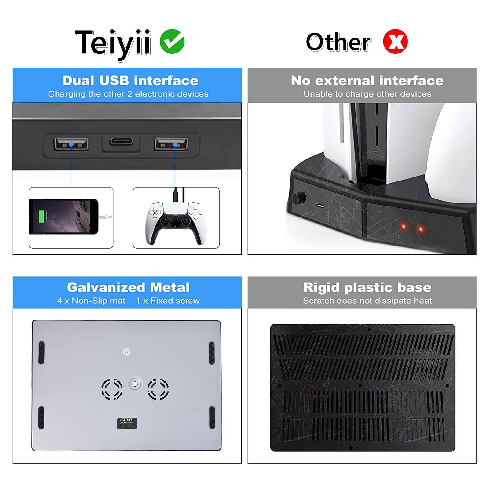 Soporte vertical con ventilador de refrigeración para PS5, puertos de cargador multifunción con soporte para auriculares y 15 estantes de juego para Playstation 5 (incluye 10 joysticks de pulgar Ps5)