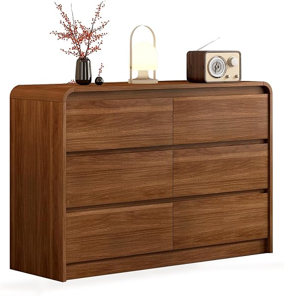 Messenya Modern 6 Drawer Dresser, 55-Inch Wood Chest of Drawers, Curved Anti-Collision Design, Mid-Century Storage Cabin